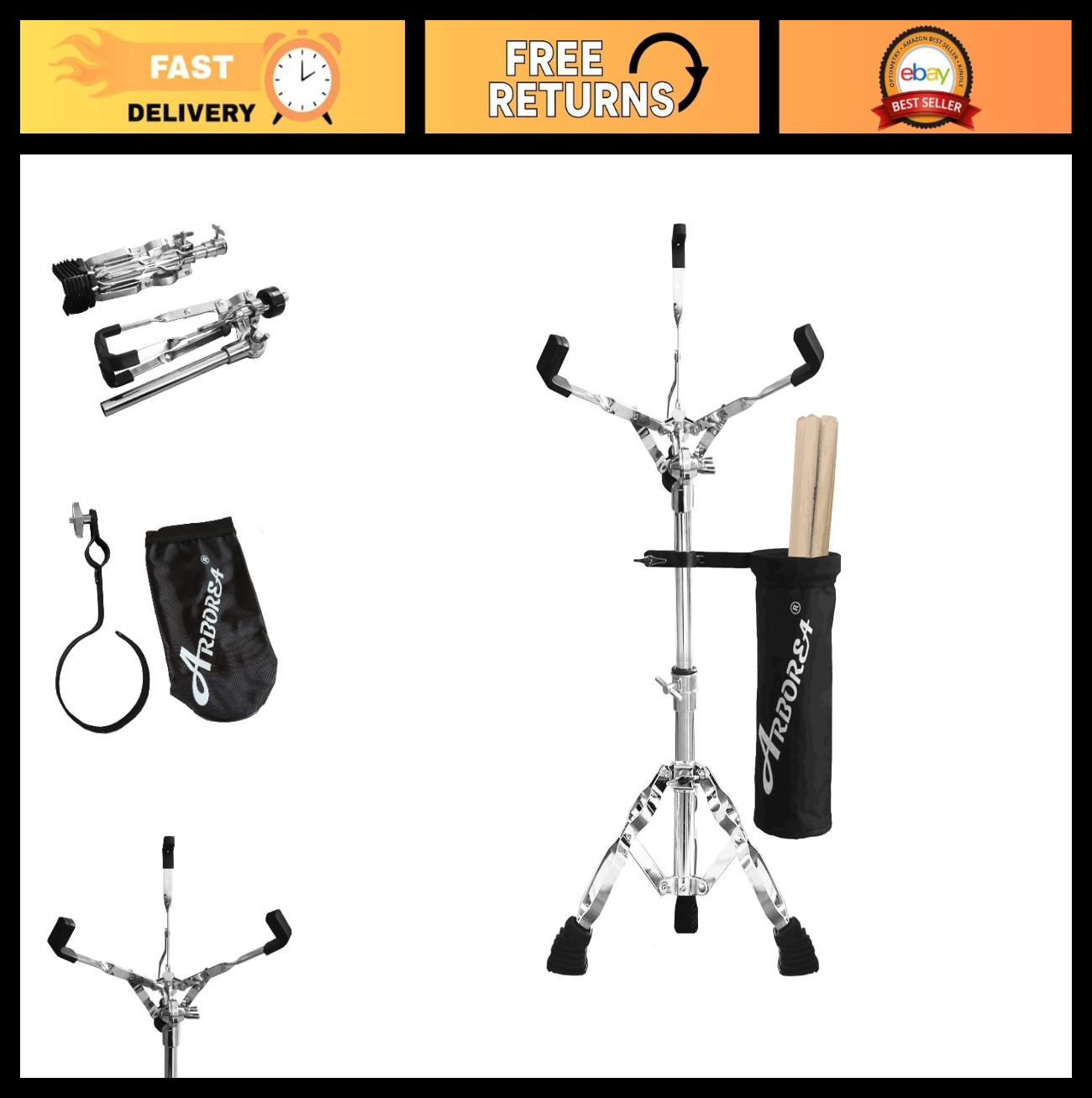 Adjustable Snare Drum Stand with Drumstick Holder, Fits 10''-14'' Drums, 13.4-23
