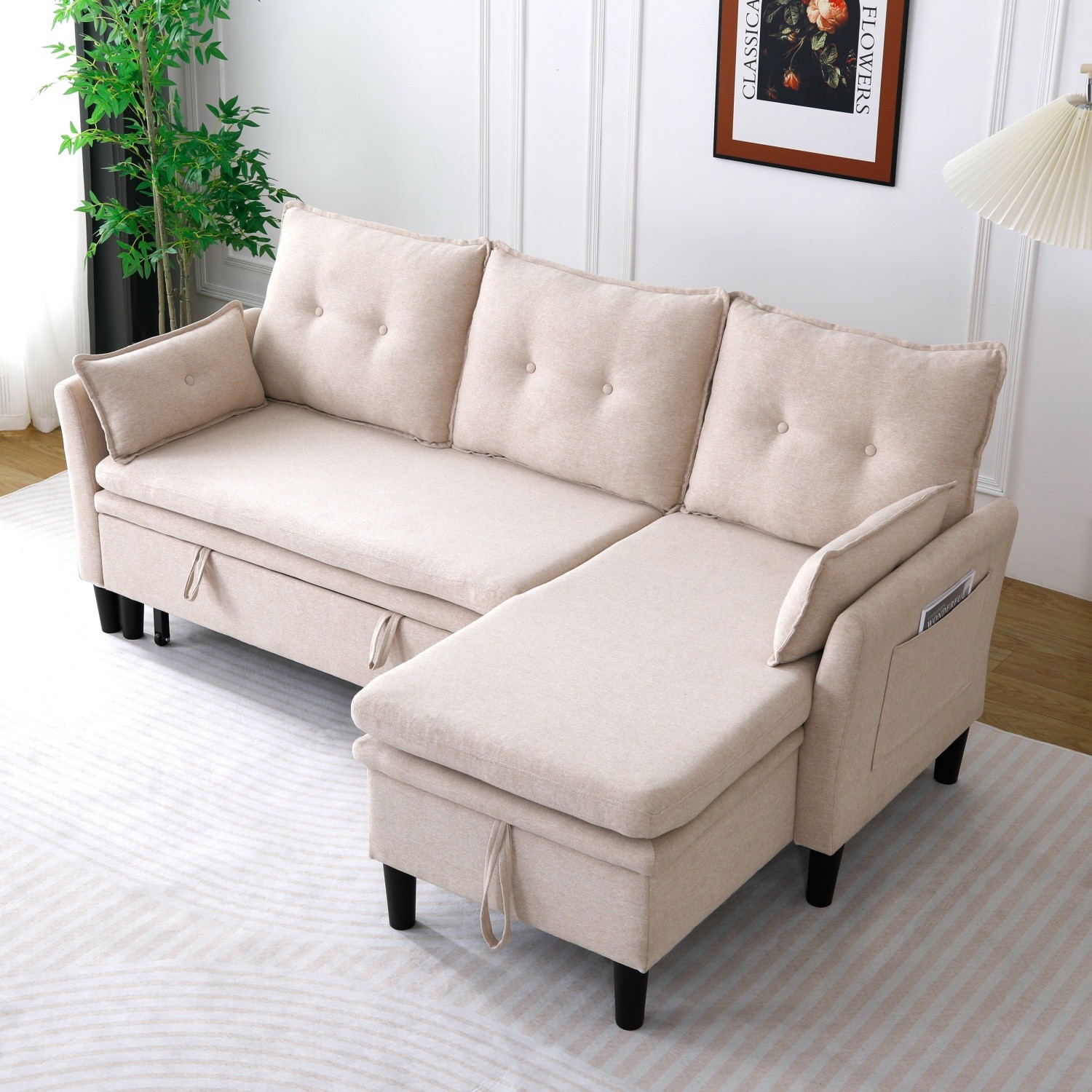Modern L-Shaped Cotton-Linen Sectional Sleeper Sofa w/ Pull Out Bed & Storage