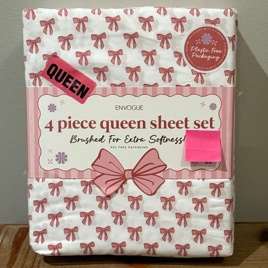 EnVogue Pink Bow Coquette Brushed for Extra Softness - 4pc - Queen Sheet Set