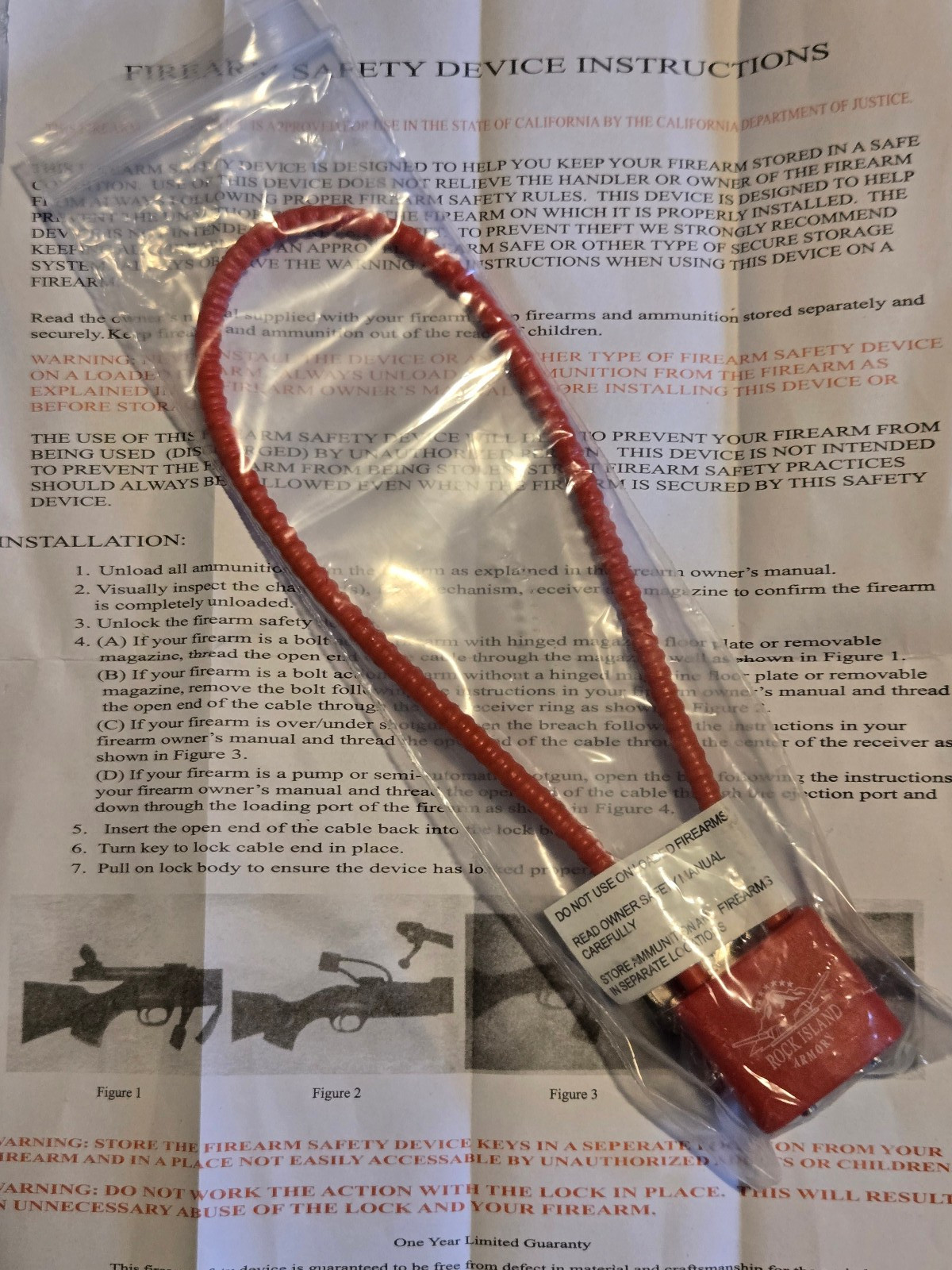 ROCK ISLAND ARMORY 15" 30mm Cable Firearm Gun Lock  - red 2 keys NEW
