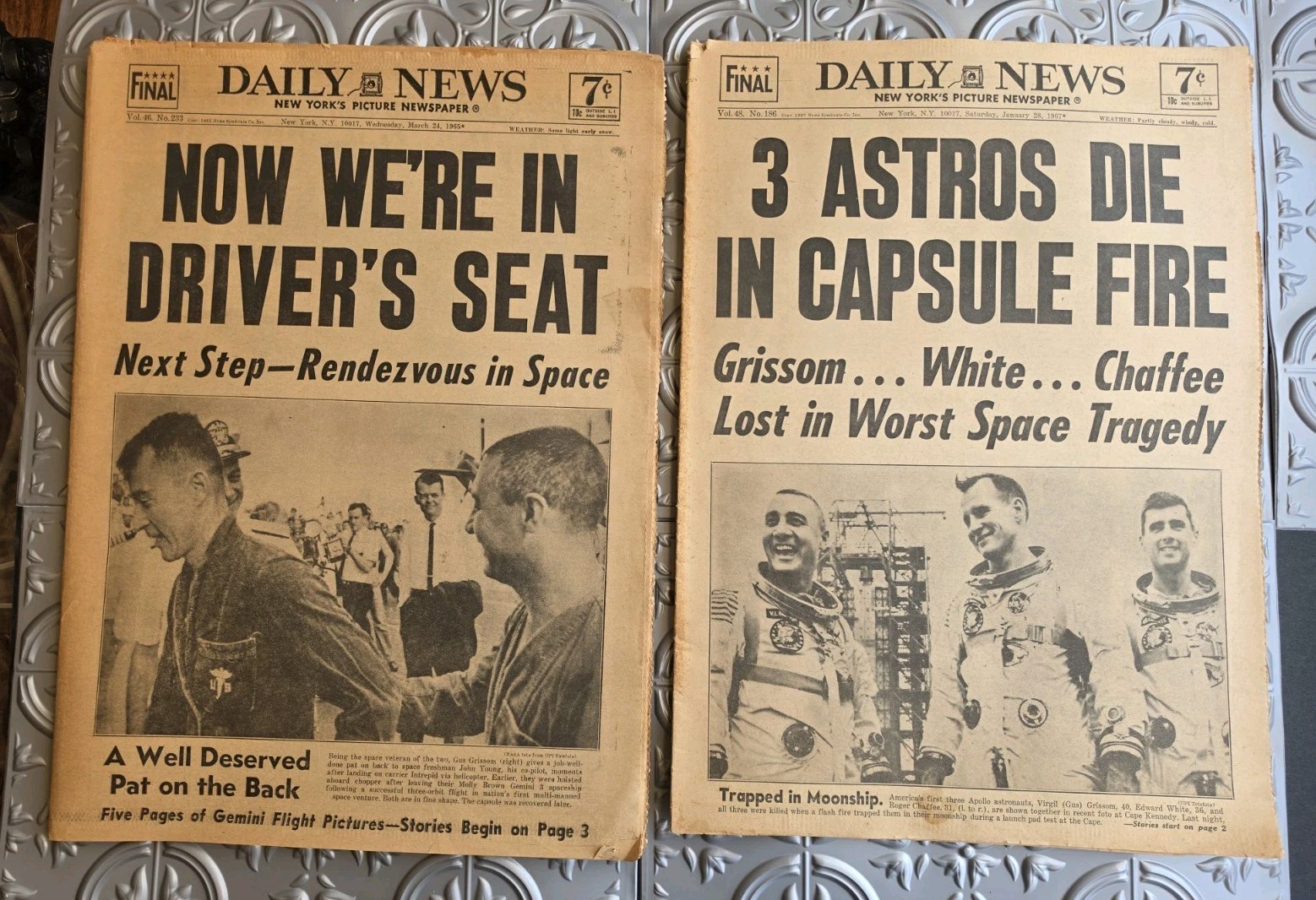 Lot of 2 - 1965 Gus Grissom U.S. Space Mission Daily News & 1967 Capsule Tragedy