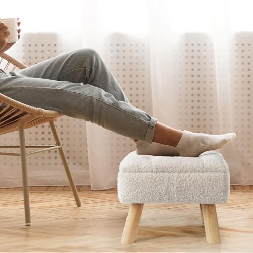 Storage Ottoman, Small Foot Stool Ottoman with Storage, Boucle Teddy Cream