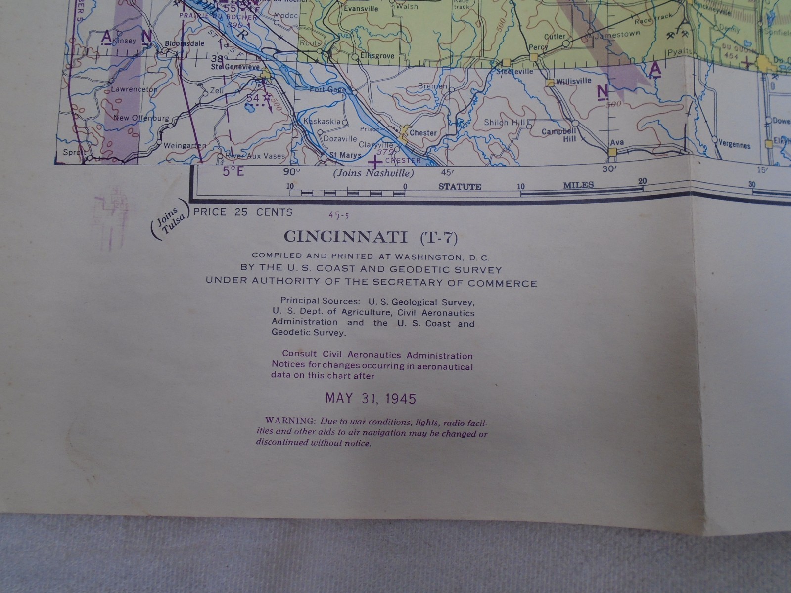 1945 Cincinnati Sectional Aeronautical Chart Map U.S Coast & Geodetic Survey