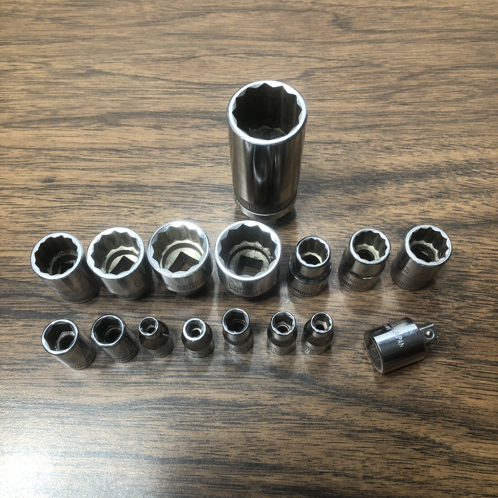 Lot of 15 Chrome-Vanadium Sockets - All Japan - 1/4” & 3/8” Drive w/ Adaptor