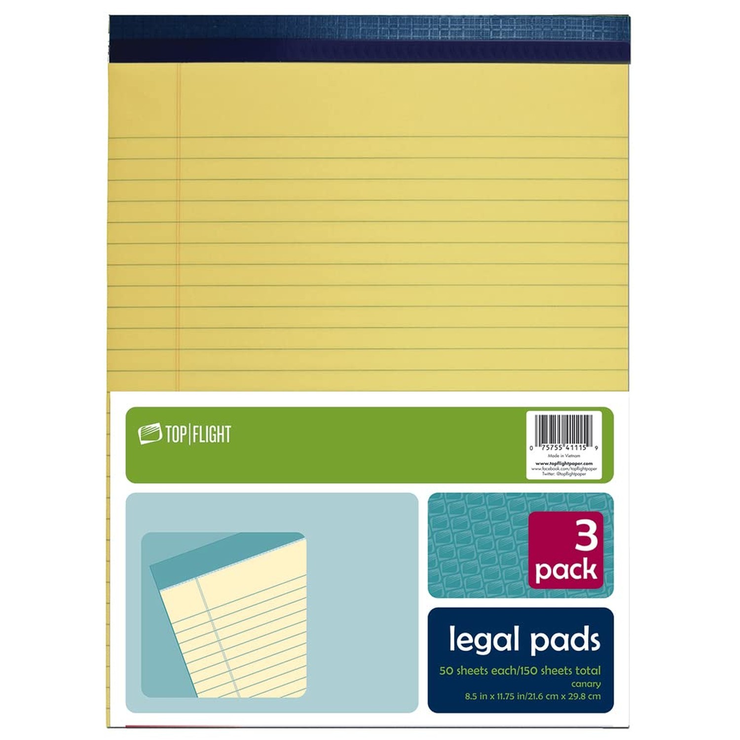 Top Flight Legal Pad, 8.5 x 11.75 Inches, 0.375 Inch Rule, Canary, 50 Sheets ...