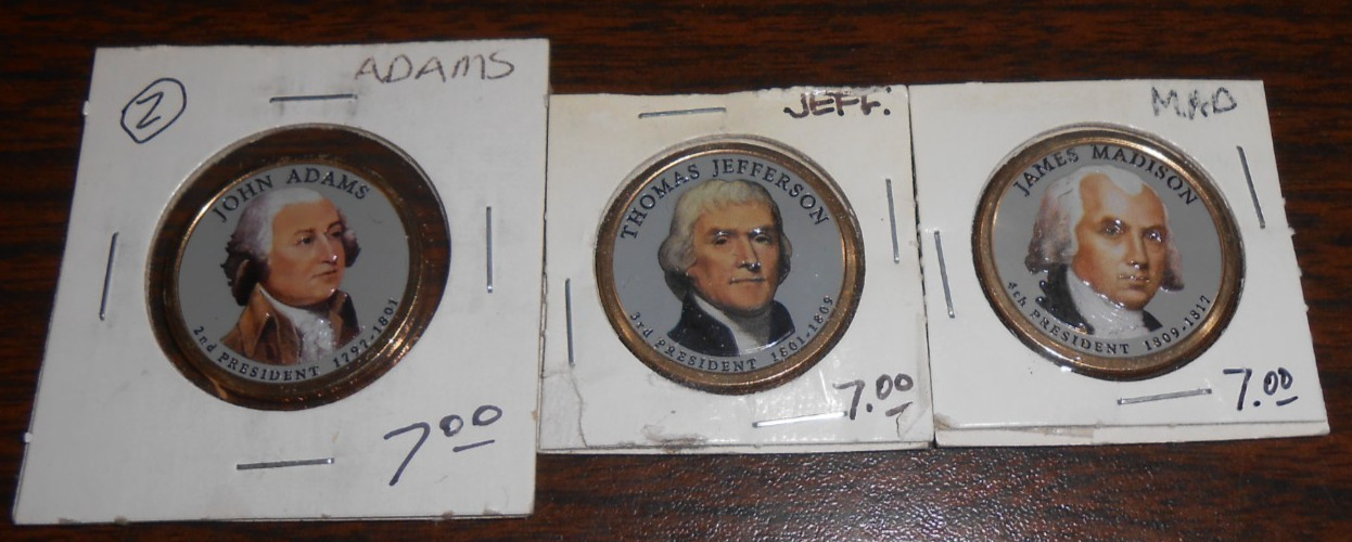 2007 PRESIDENTIAL $1 COINS - COLORIZED - ADAMS, JEFFERSON & MADISON