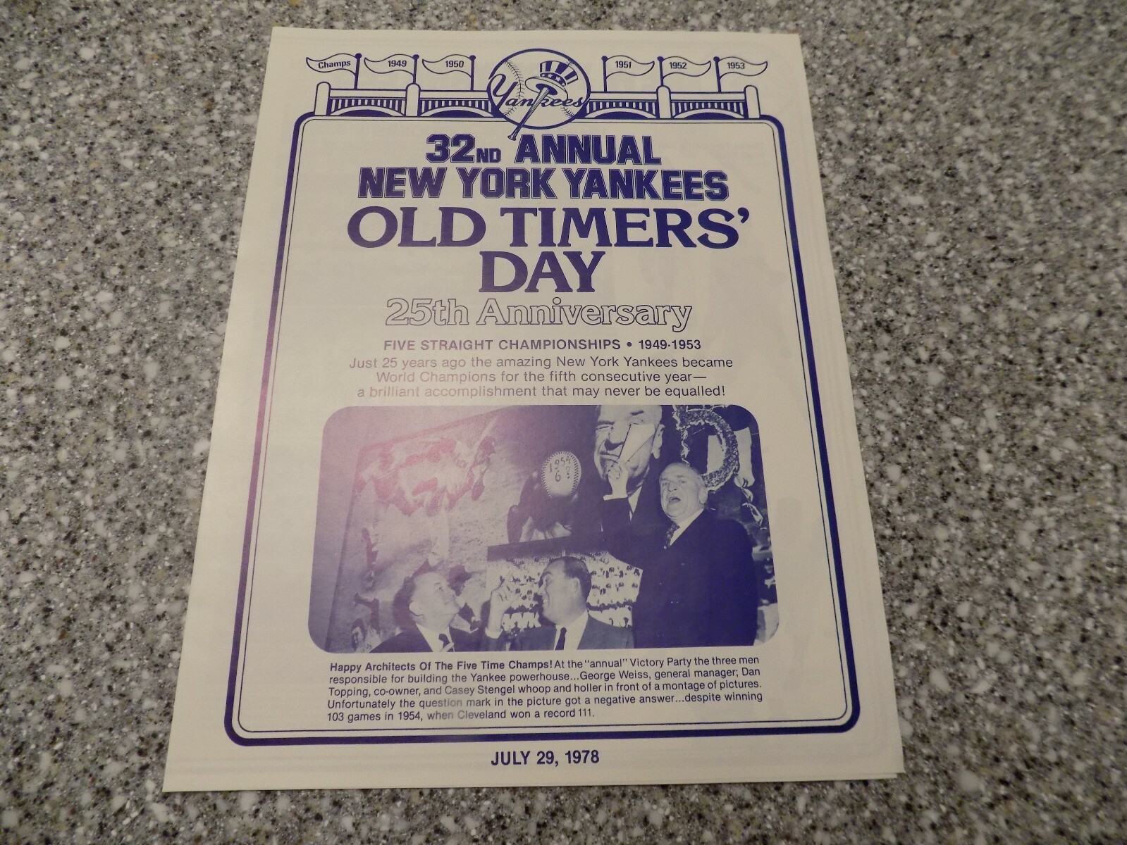 1978 NY Yankees Old Timers Day Program