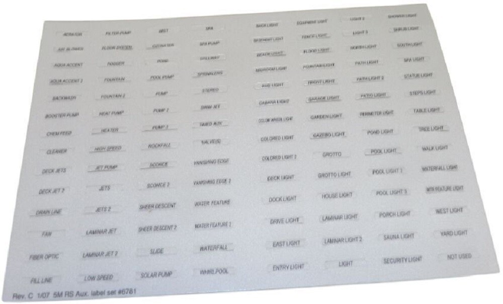 Zodiac Jandy 6781 Auxiliary Label Set Rev. C 1/07 5M RS