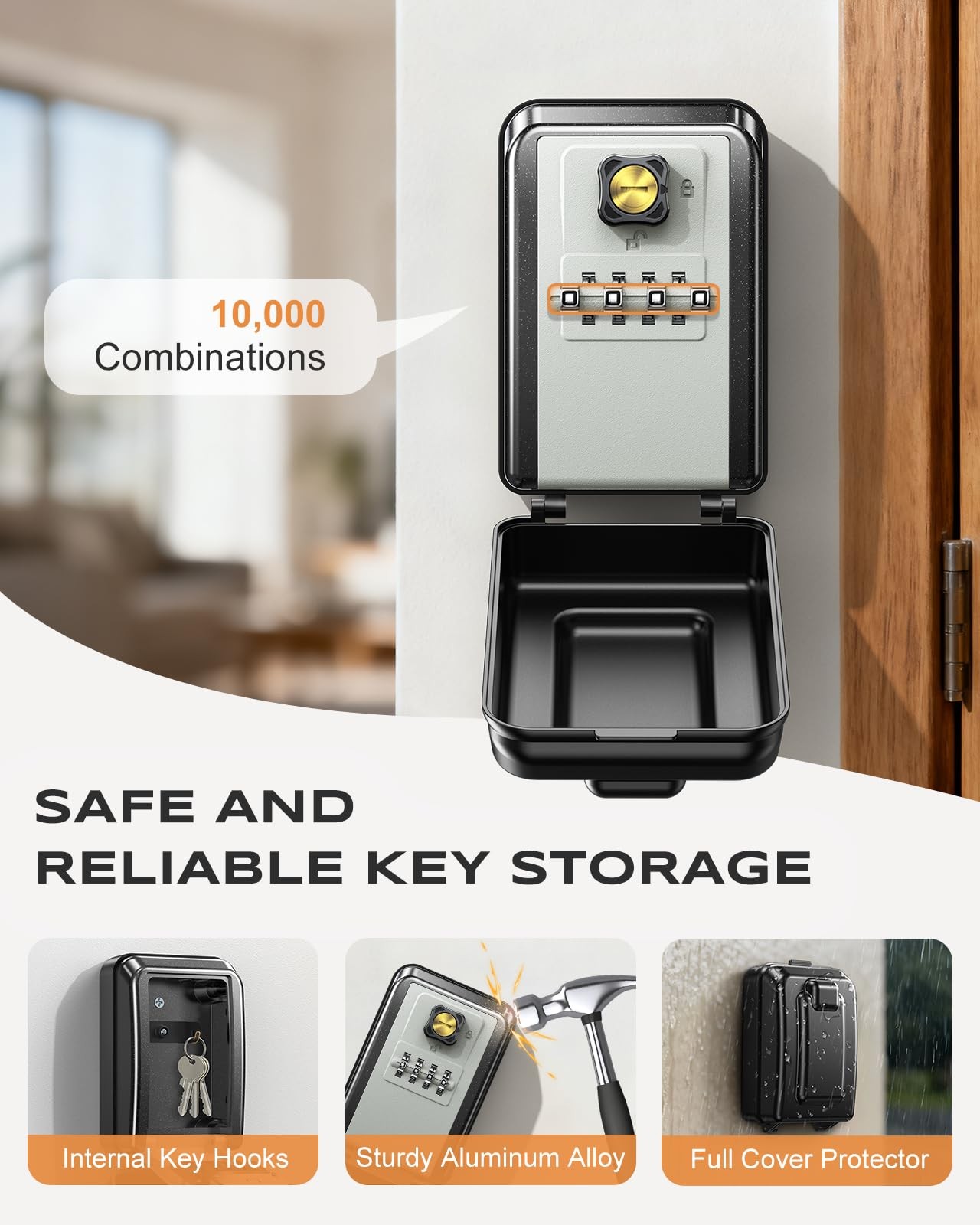 Wall-Mounted Lock Box for Keys with Code, 4 Digits Combination Key Lock Box w...