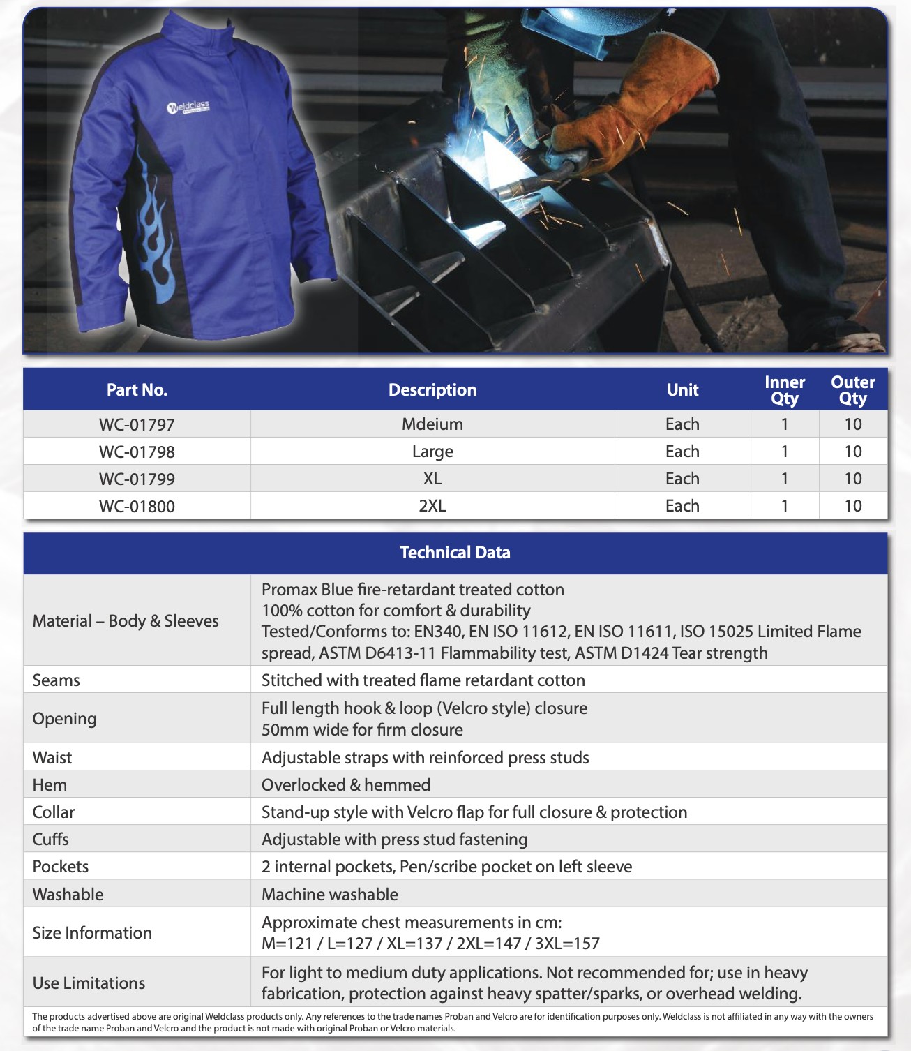 WELDCLASS Promax Flame FR Welding Jacket Heat Flame Resistant Proof M L XL 2XL