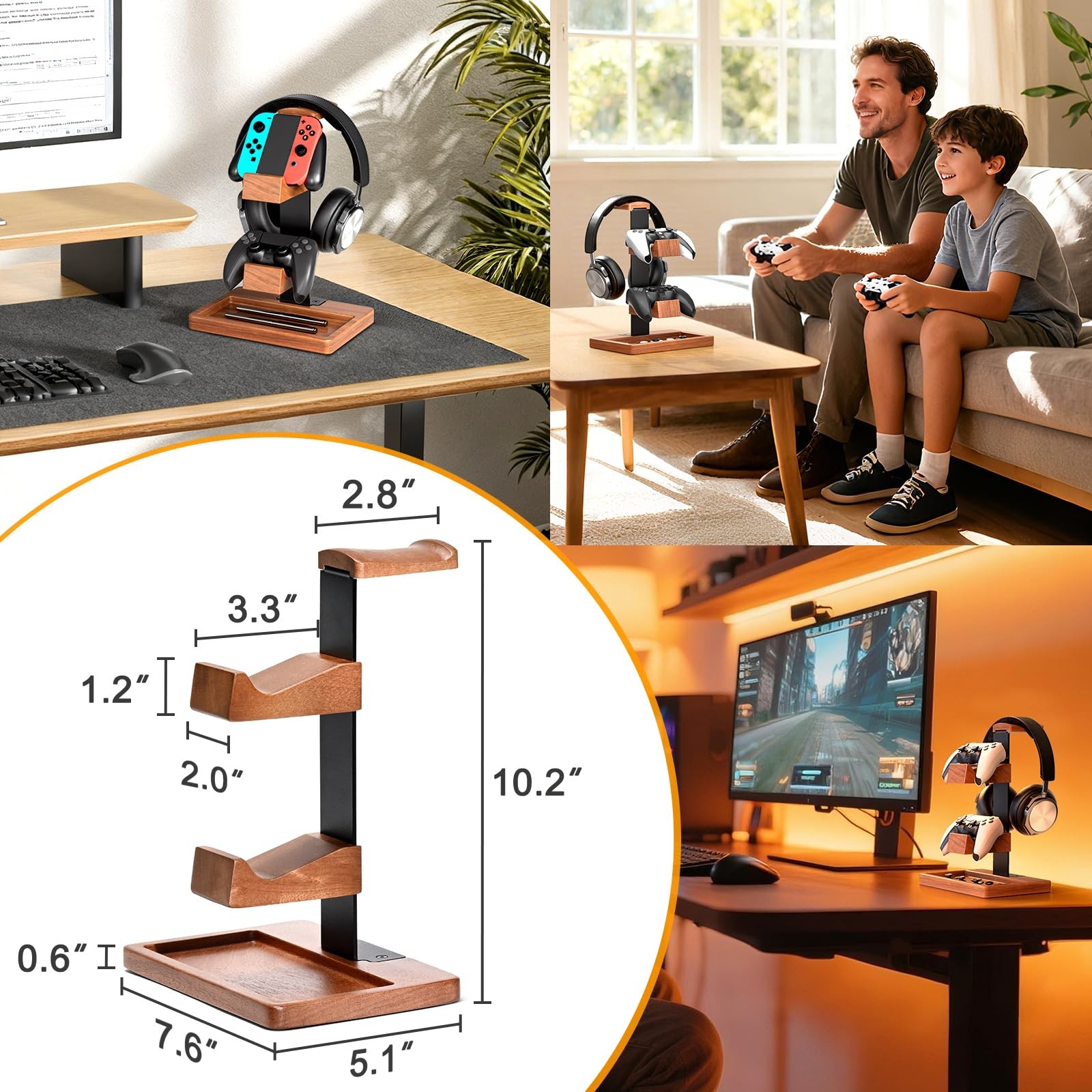 Solid Wood Controller Holder and Headphone Stand, Brown & Black