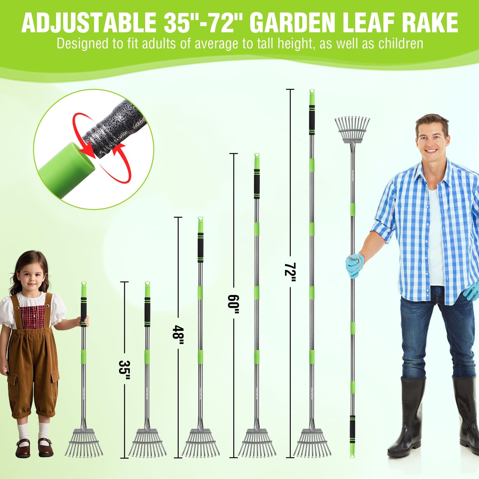 WORKPRO Rake, Small Rake for Leaves with 72” Adjustable Long Green & Black