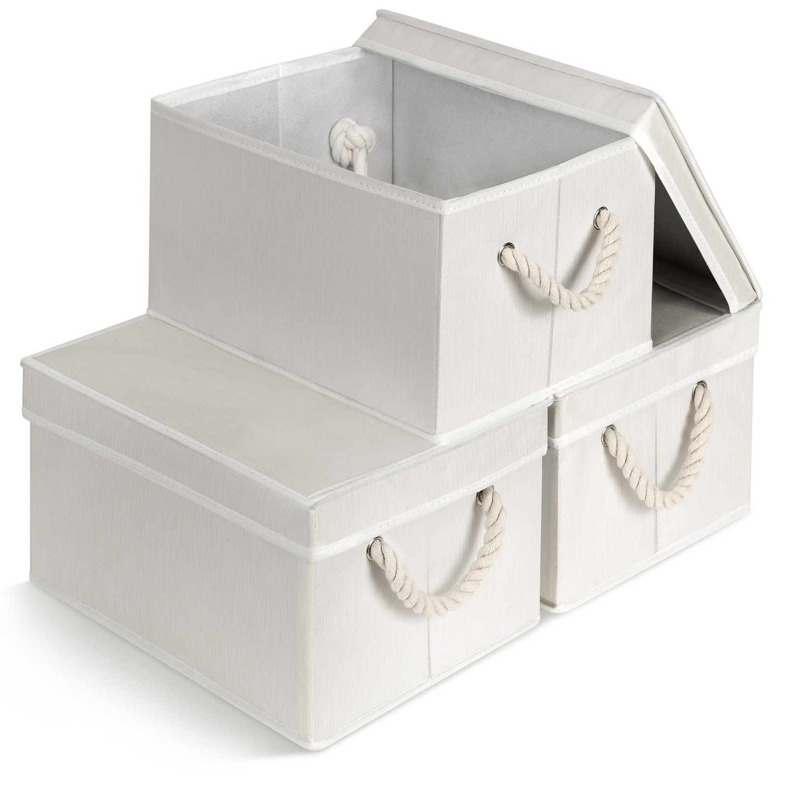 Set of 3 Fabric Bins for Organization - Foldable & Stackable With Lid & Ivory