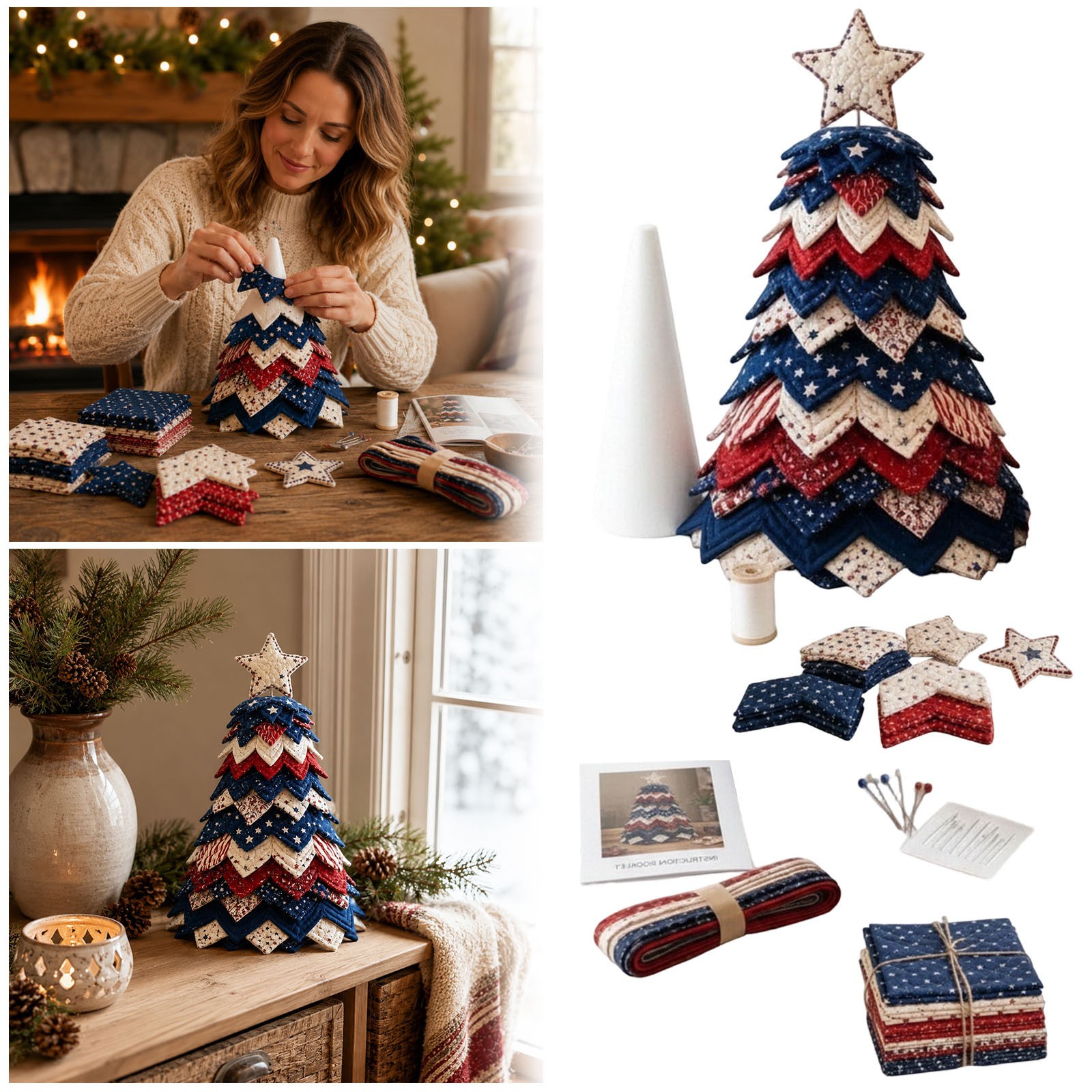 Americana Christmas Tree Quilt Kit,DIY Holiday Patchwork Sewing Craft Kit for