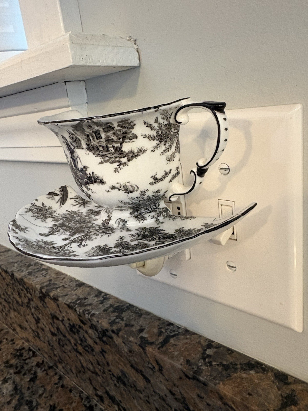 Porcelain Toile Design Teacup Night Light Black Transferware