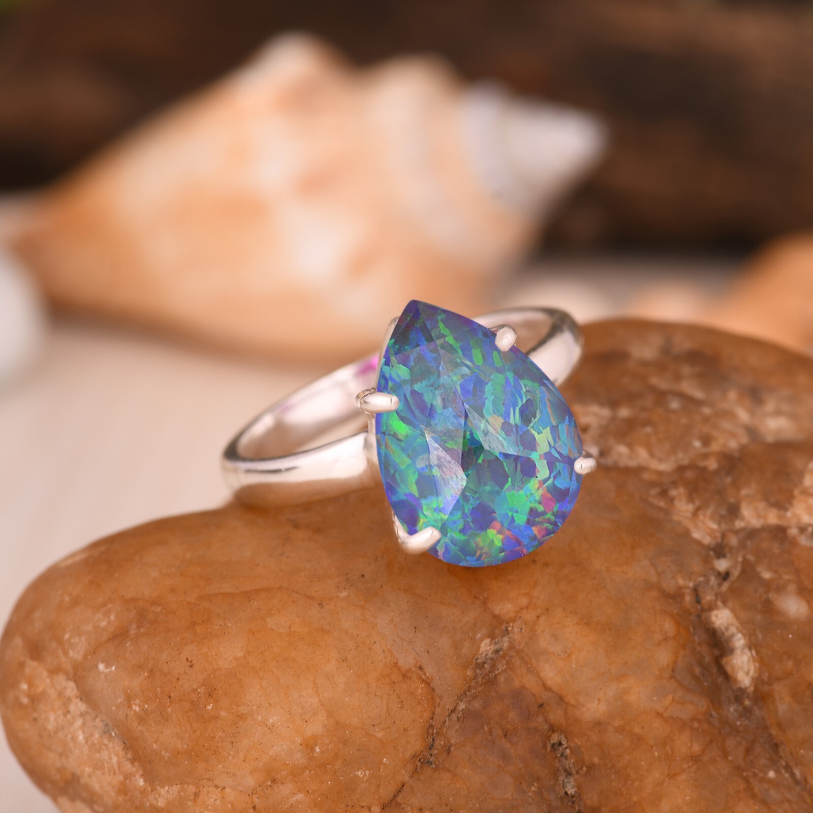 Teardrop Prong Set Fire Opal Sterling Silver Ring For Engagement Gift For Her
