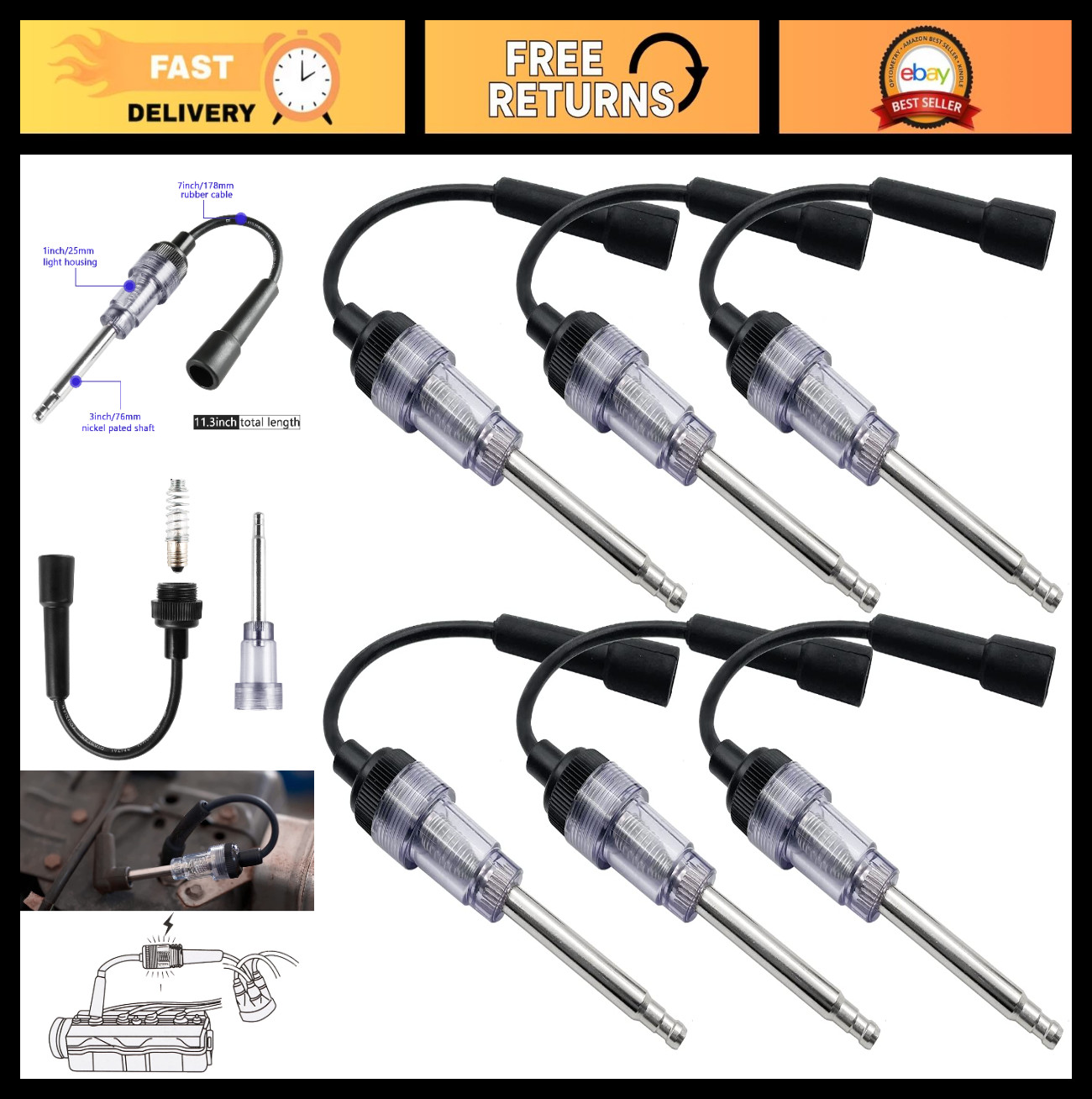 6 Pcs Spark Plug Tester Set - Engine Ignition Coil Diagnostic Tool for Cars