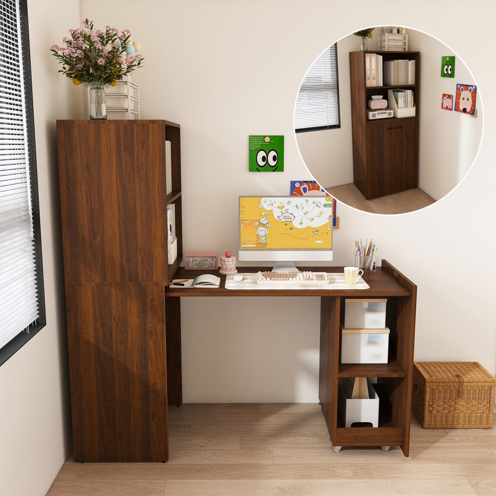 Stretchable desk, office desk with storage shelves and mobile wheels