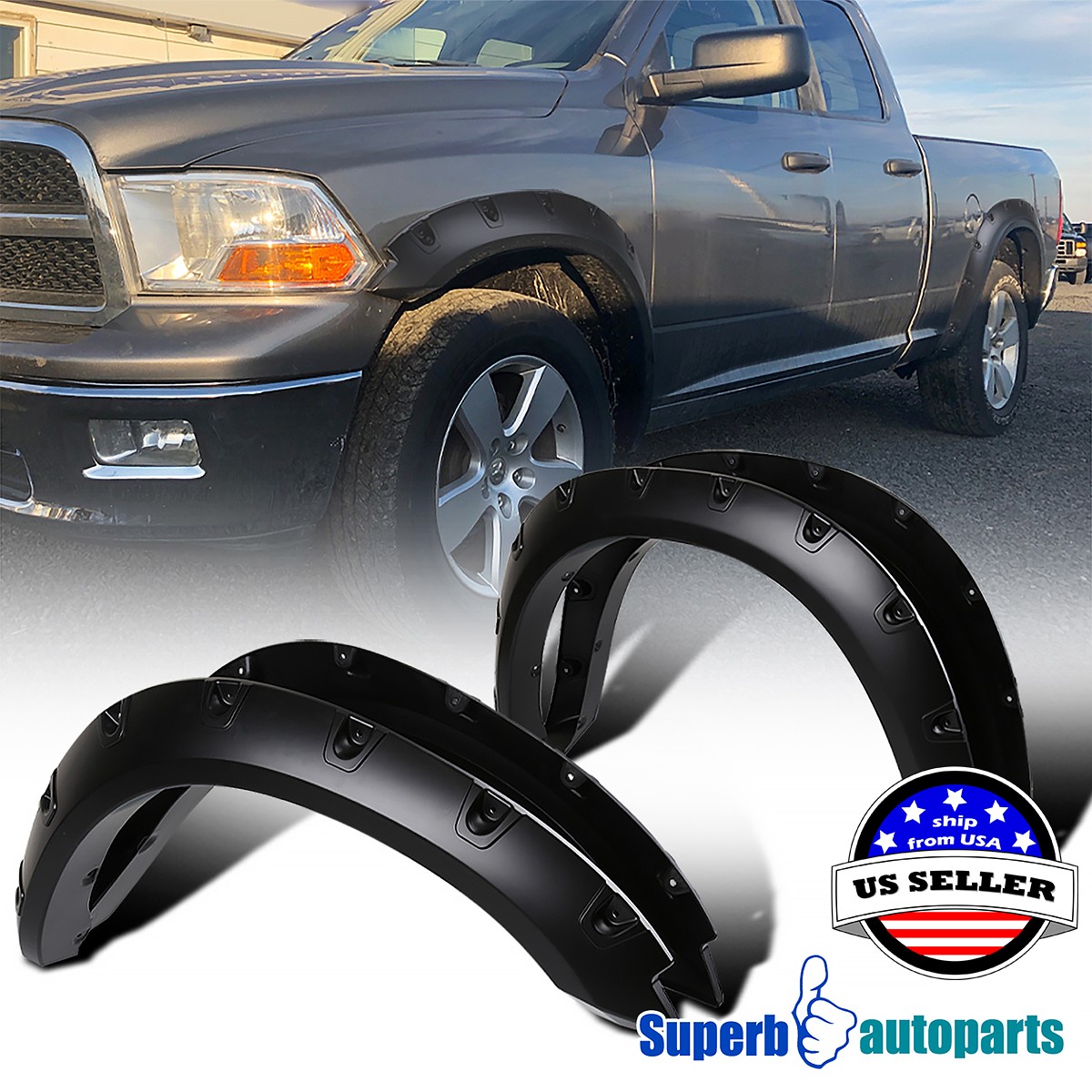 Fits 2009-2018 Dodge Ram 1500 Black Pocket Rivet Bolt-On Style Fender Flares