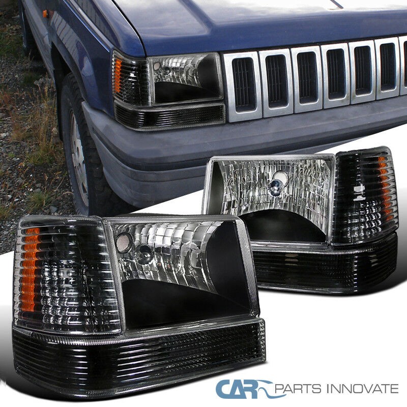 Fits 93-96 Jeep Grand Cherokee SUV Black Headlights w/ Bumper Corner Lamps Pair