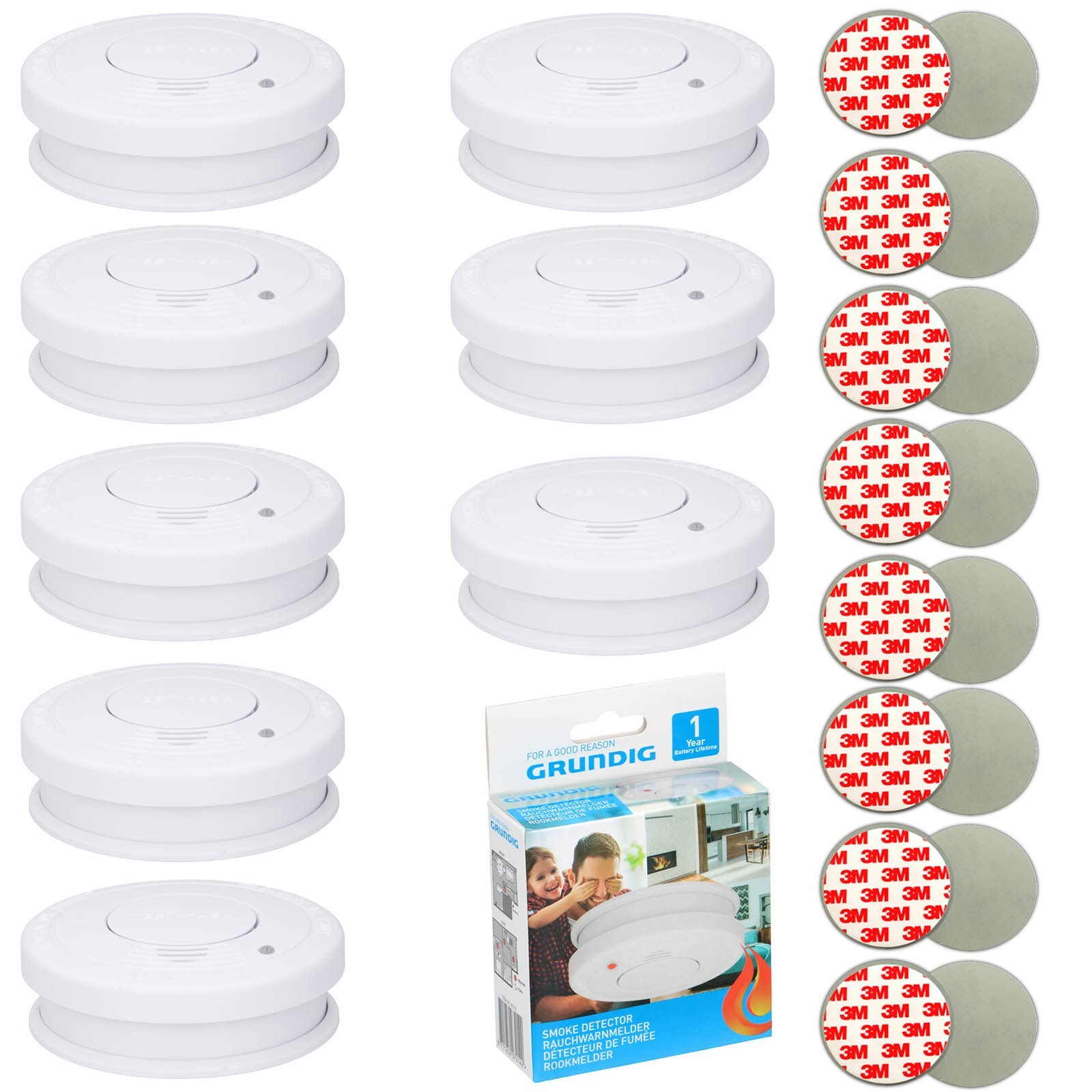 8 pieces Grundig smoke detector 85dB incl. 9V battery + 3M adhesive pad set fire alarm
