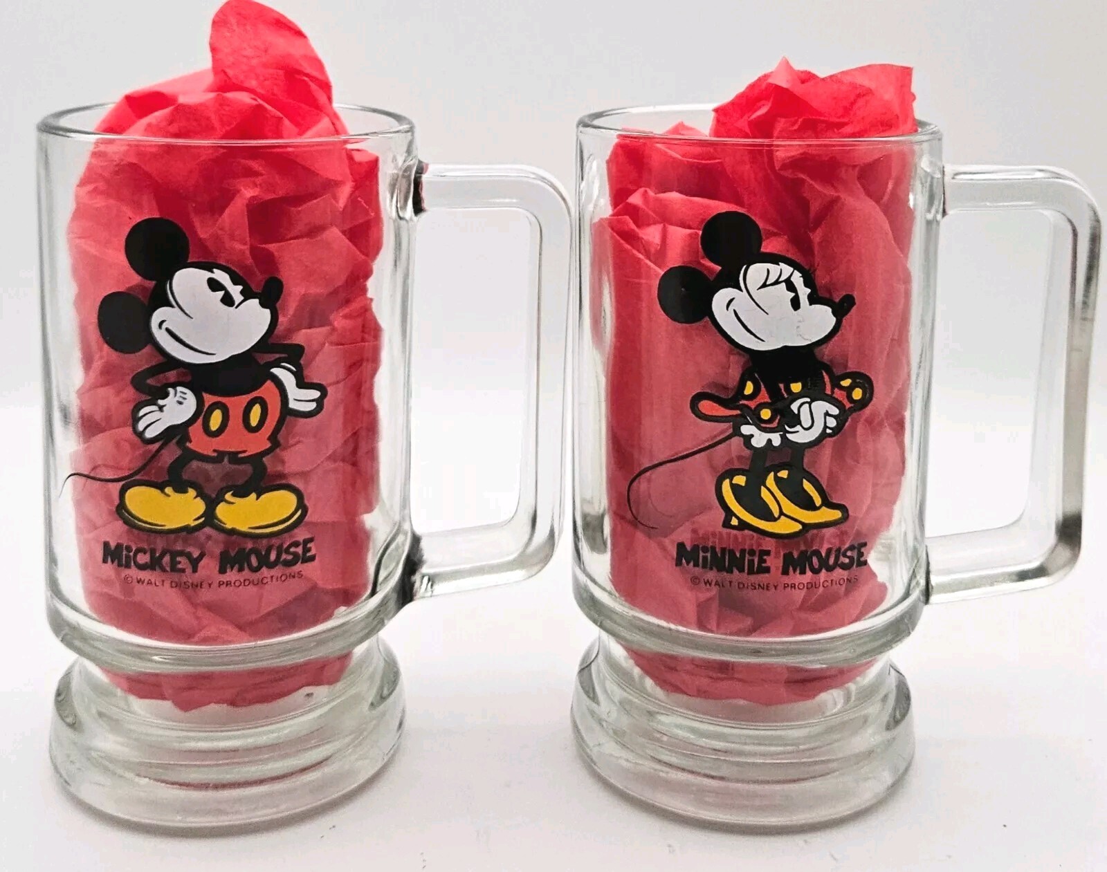 Walt Disney Productions Mickey And Minnie Mouse Clear Glass Mugs 12oz Retro Look