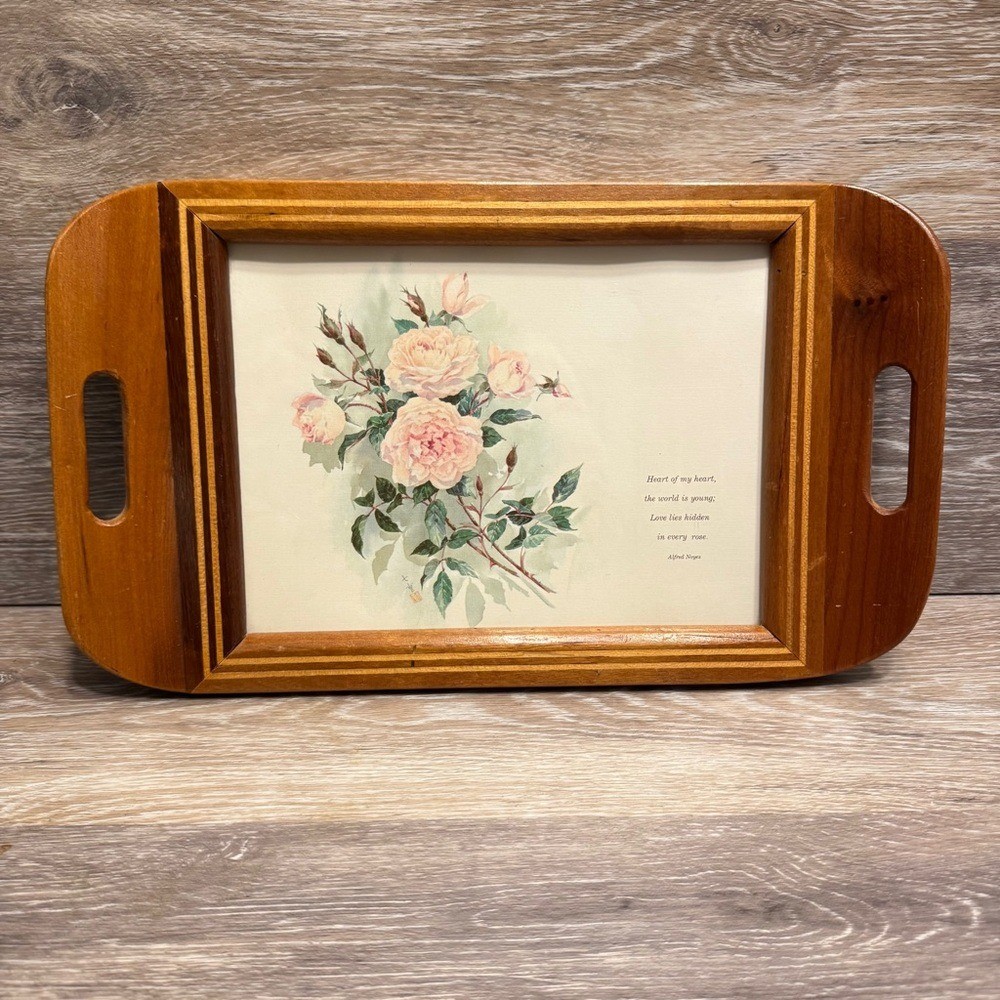 Vintage Wooden Handled Dresser Tray Roses Alfred Noyes Quote Cottagecore Boho
