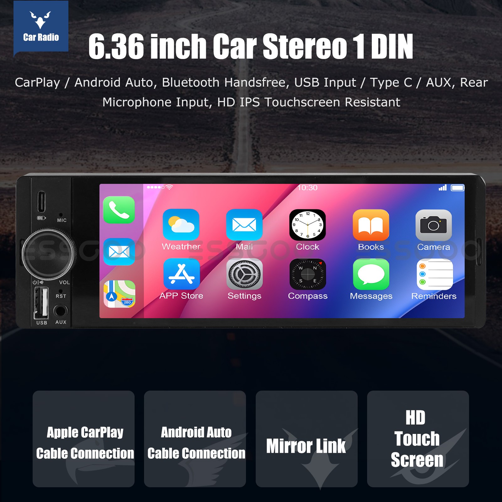 6.36" Single Din Car Stereo Wireless CarPlay Android Auto Radio Bluetooth MP5 FM