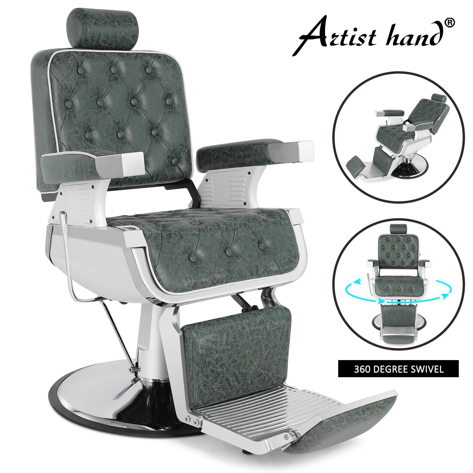 Artist Hand Vintage Green Barber Chair Hydraulic Heavy Duty Salon Beauty Styling