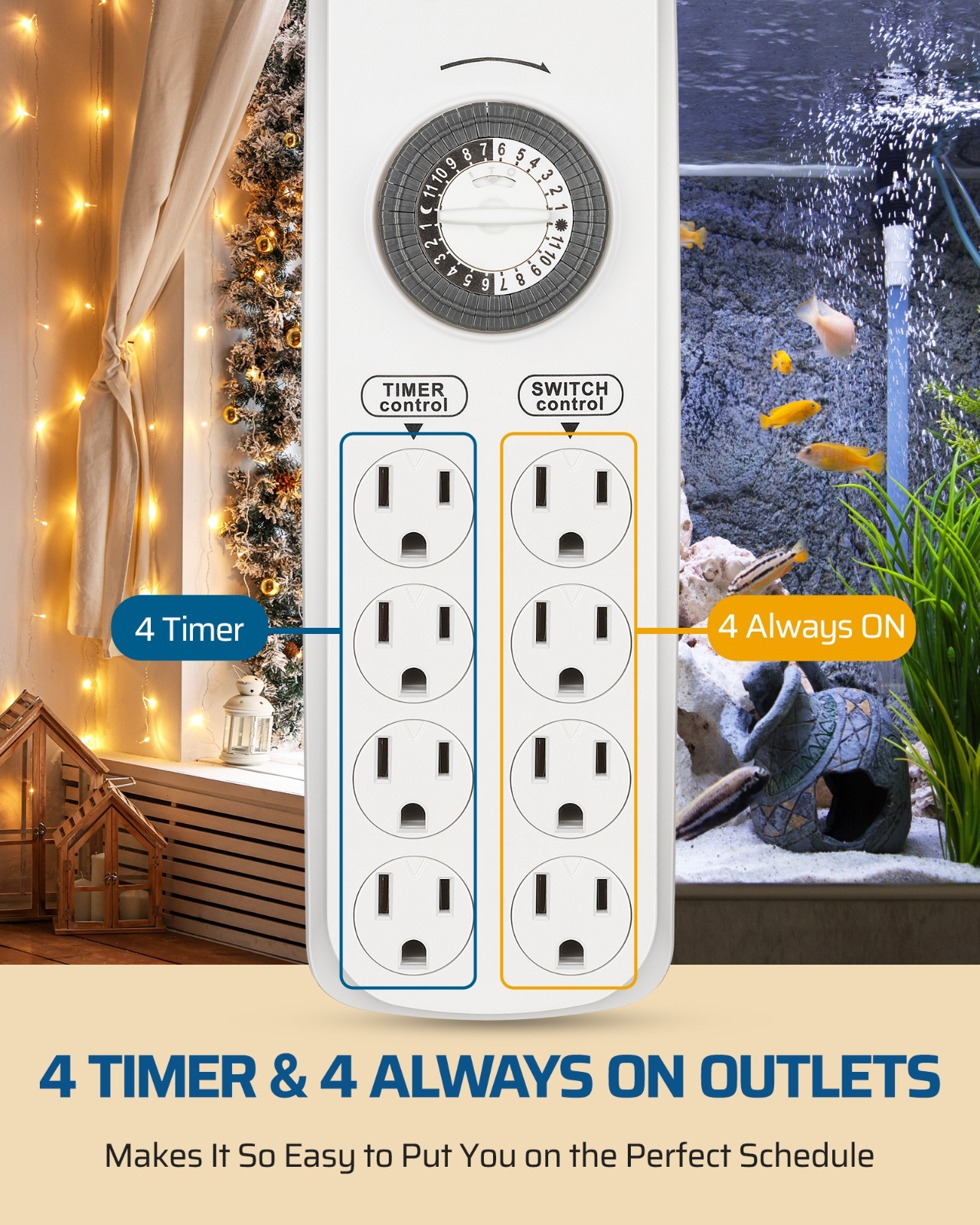 DEWENWILS Mechanical Timer Power Strip with 8 Outlets, Flat Plug, 6ft Long Cord