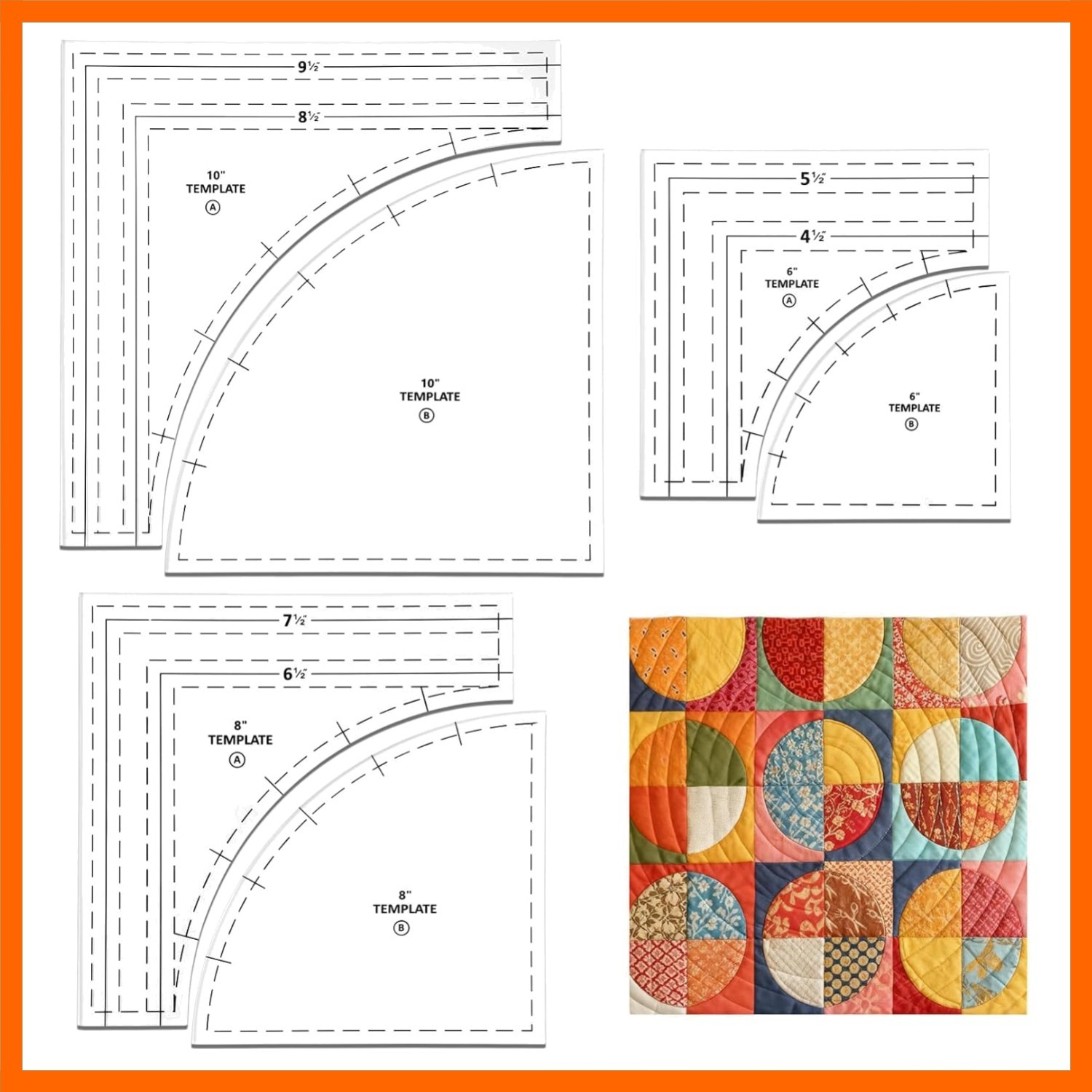 3 Set Drunkards Path Quilting Templates, 10" 8" 6" Large Acrylic Quilting Rul...