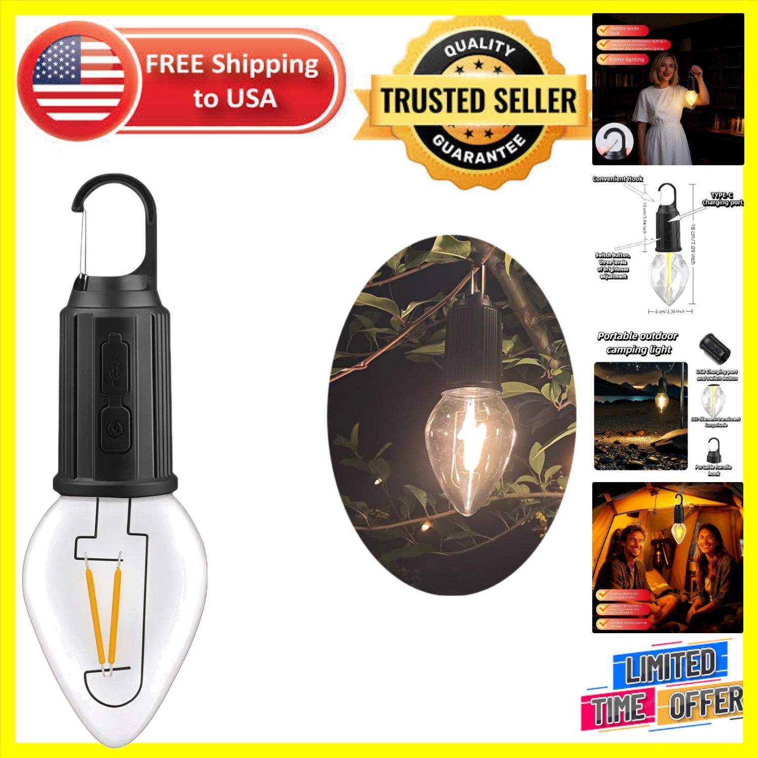 Portable LED Camping Lantern - USB-C Rechargeable, 3 Brightness Modes, Water ...