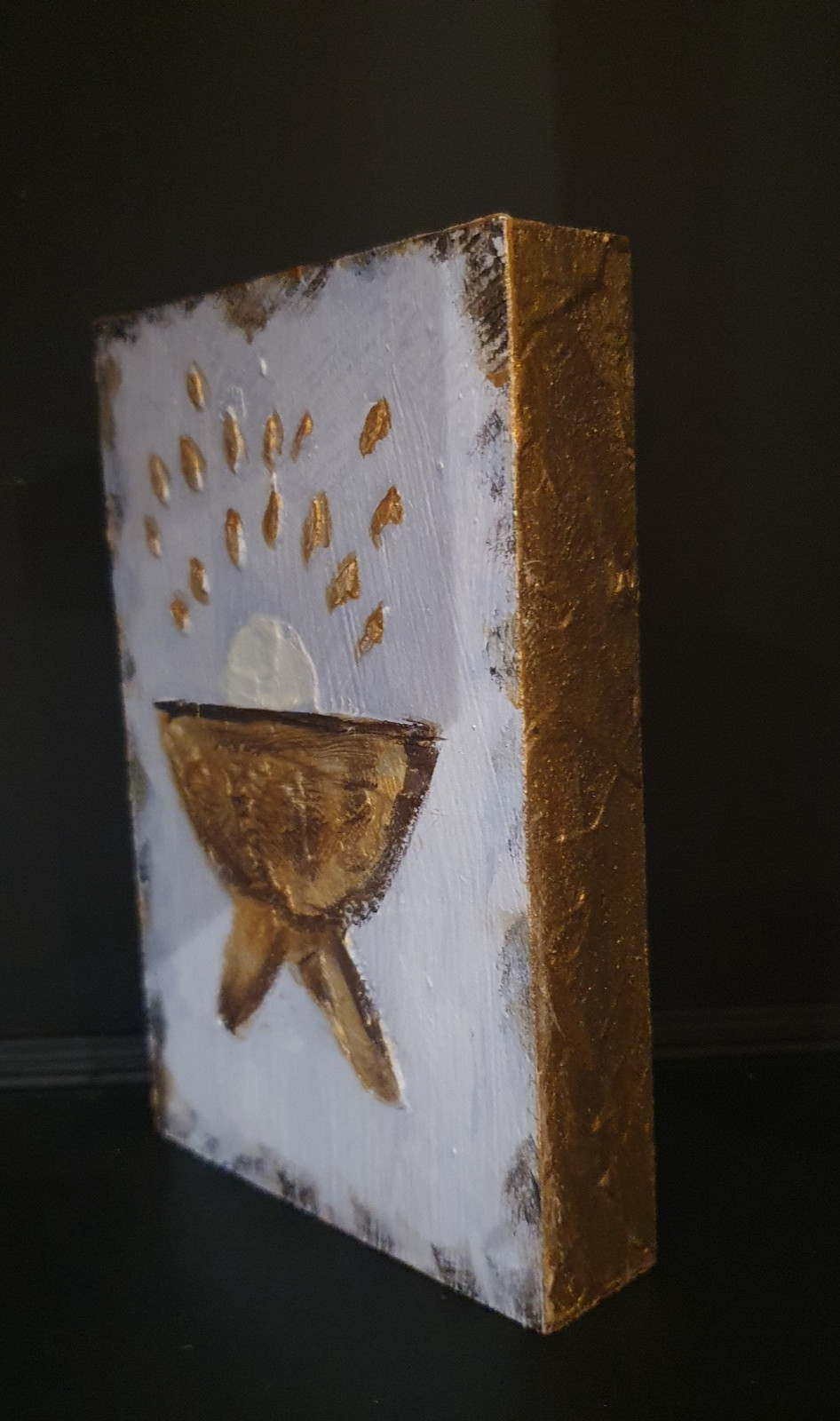Applied Minimalist Hand Painted Wooden Block Gold Manger Picture Art Nativity