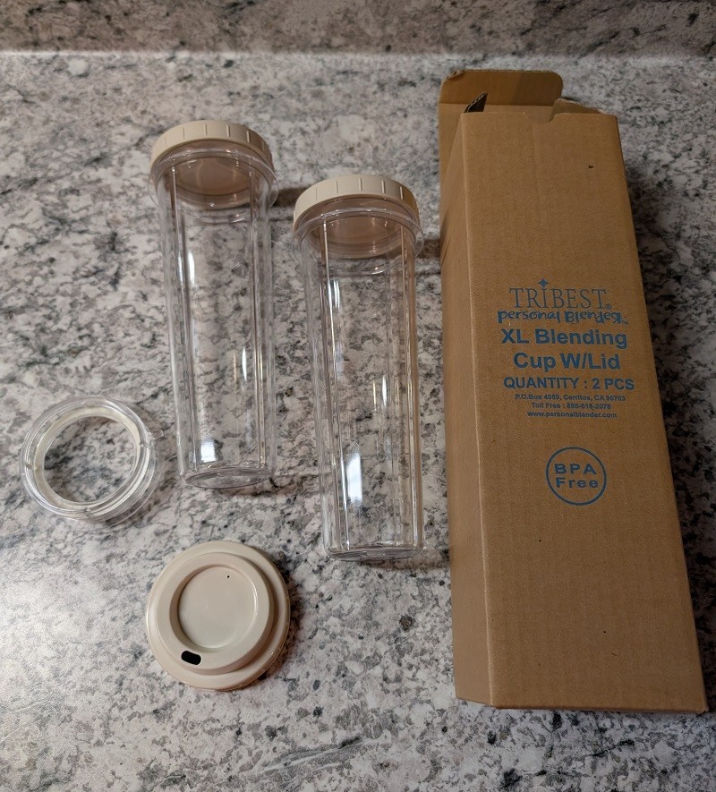 Tribest XL BPA Free, 2 Cups, Lids, and Mason Jar Attachment - New, Never Used