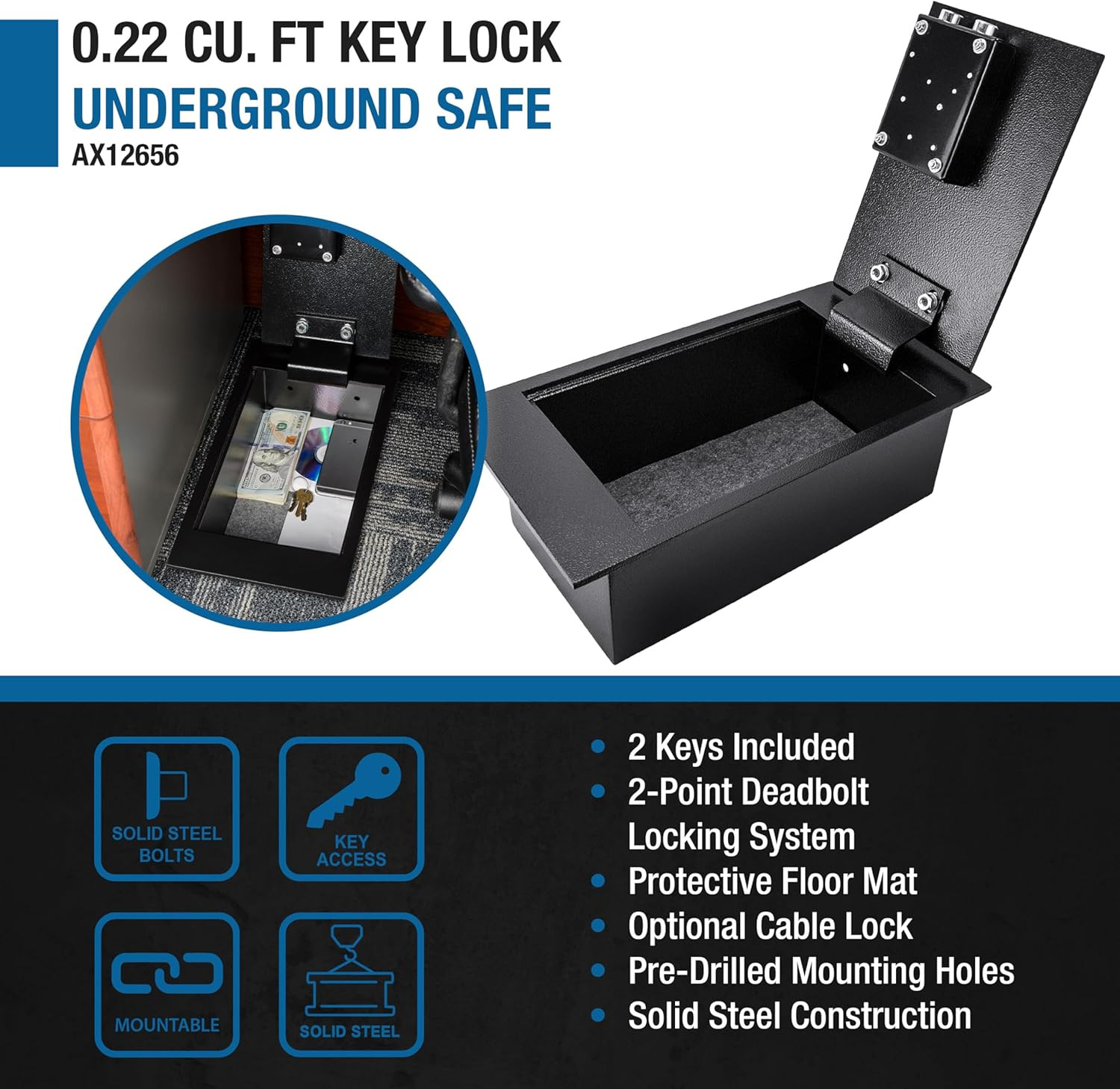 0.22 Cu. Ft. Hidden Floor Safe with Key Lock – Solid Steel Construction, Conceal