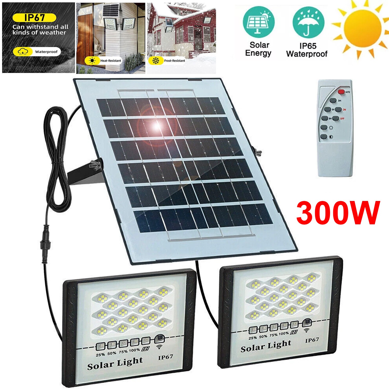 US 300W LED Solar Flood Lights Outdoor Street Light Dusk to Dawn Flood Wall Lamp
