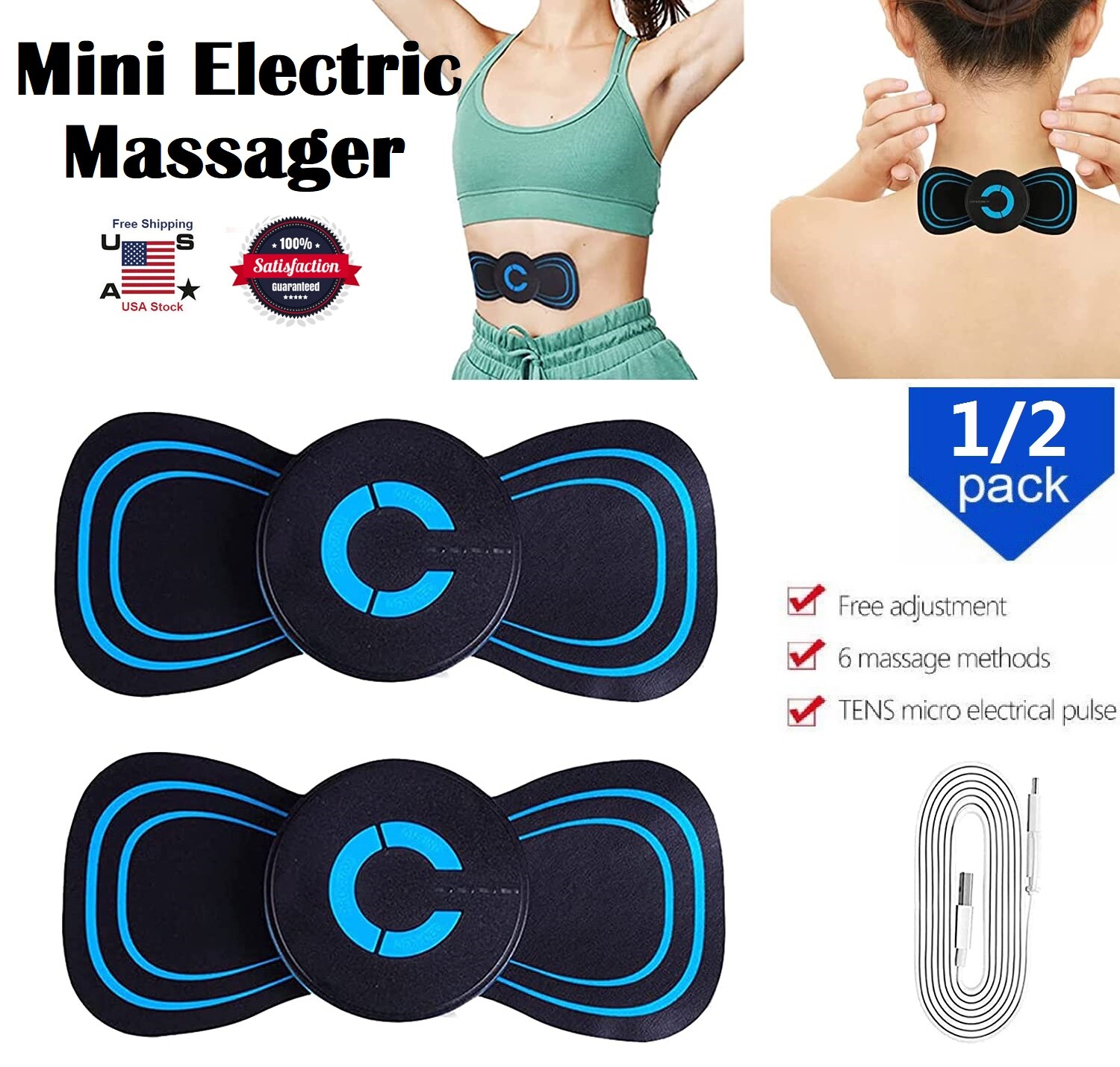 2× Mini Electric Neck Back Massager Relief Pain EMS Cervical Massage Patch USA