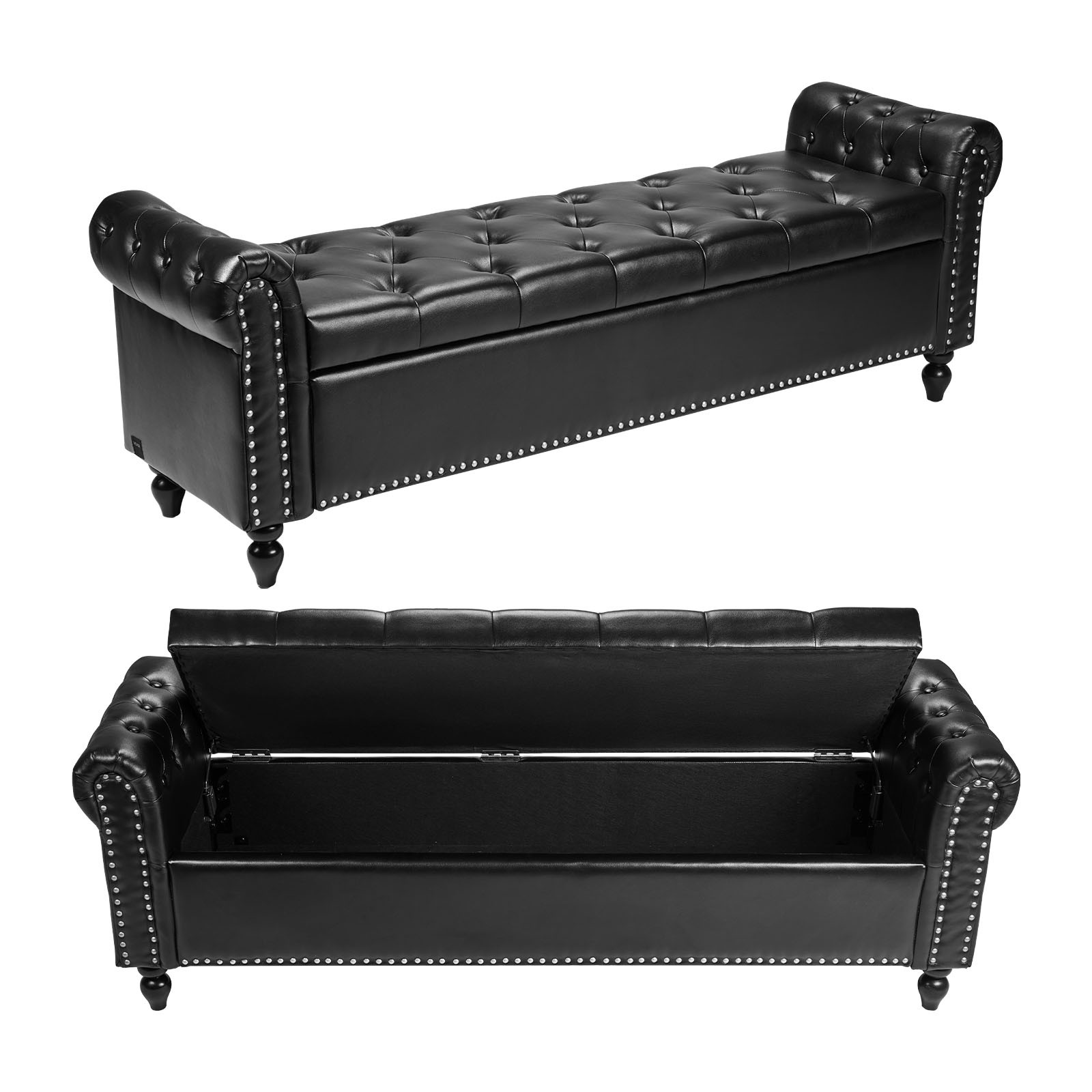 Uimoso Button-Tufted Storage Ottoman Bench Rolled Arm PU Leather Wood Legs Black