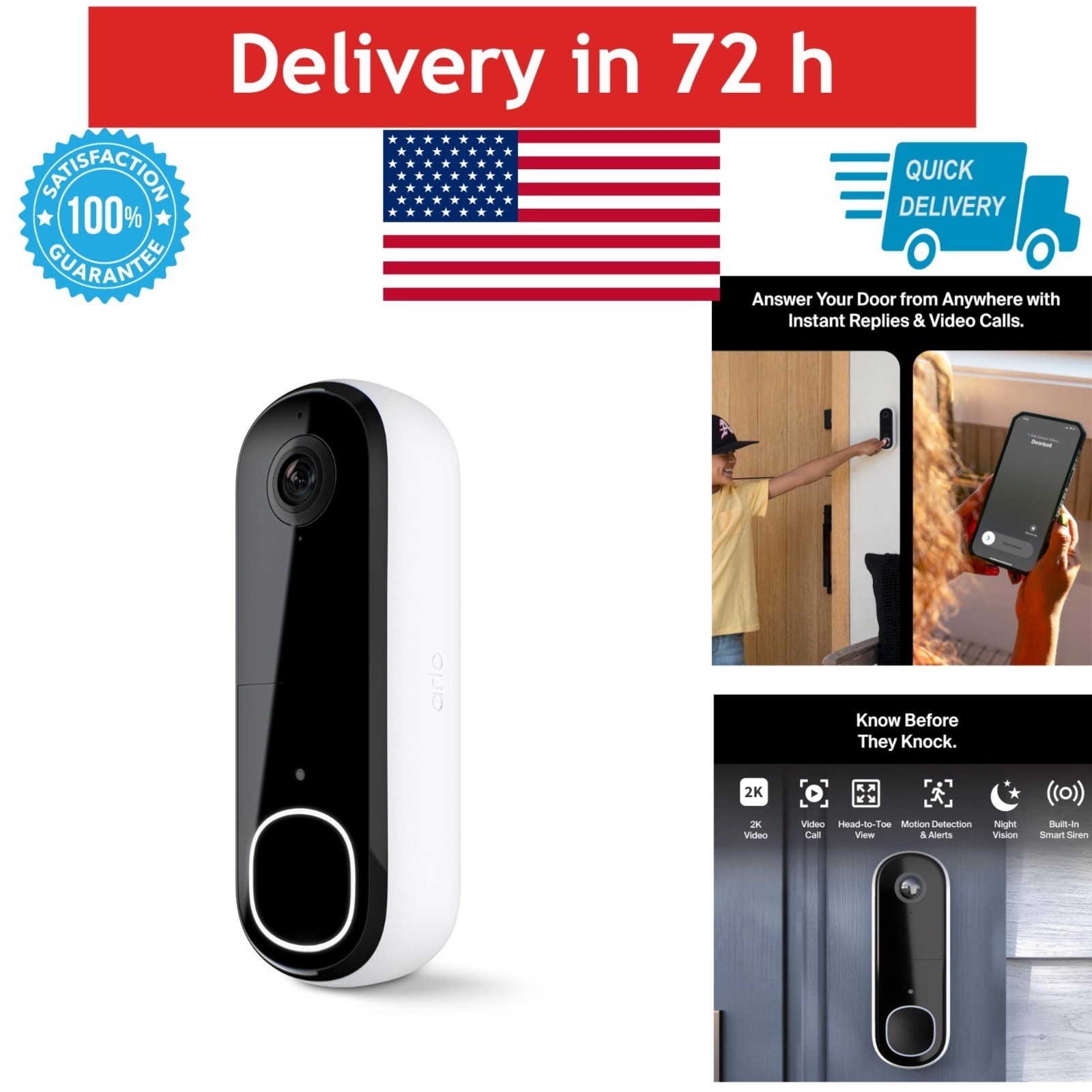 Arlo Video Doorbell 2K Wireless Wired - Night Vision, Two-Way Audio