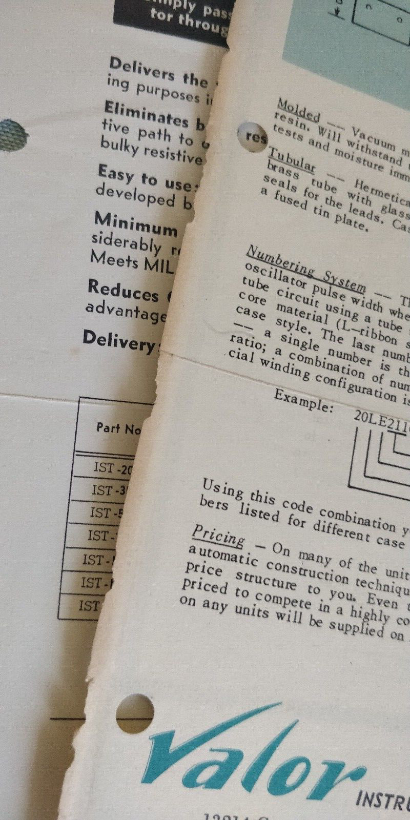 1950s ~ Valor Instrument Inc ~ Transformers ~ Data-Sheets / Bulletins