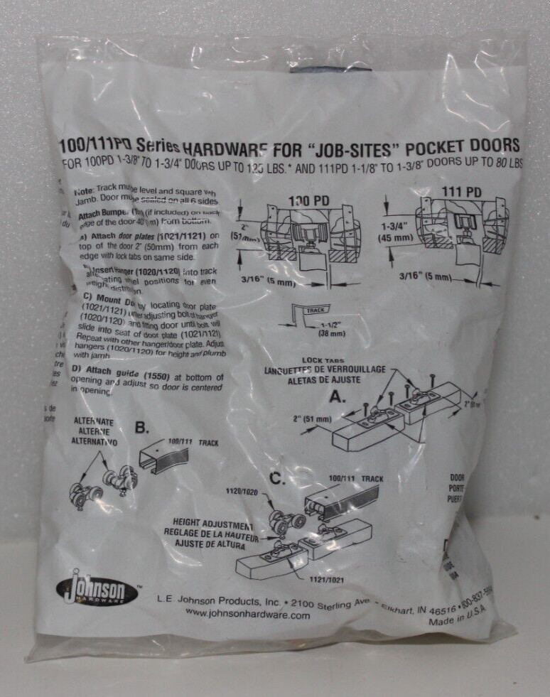 Johnson 100 PD 111 PD for " job sites " Pocket / Sliding Door Hardware 100/111PD
