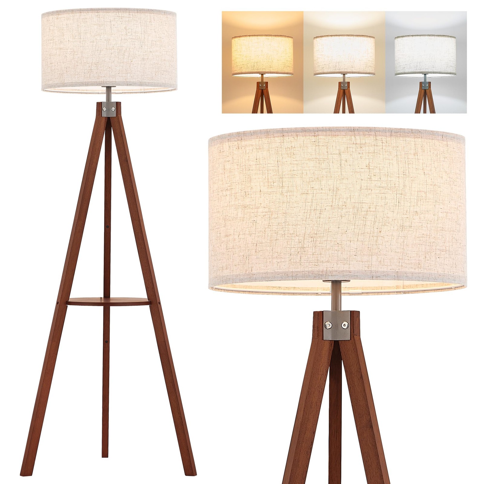 Elyona Mid Century Wood Tripod Floor Lamp LED