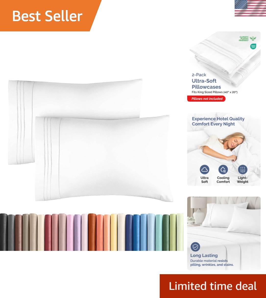 Hotel Quality White King Pillowcases - 2 Pack, Wrinkle Free & Machine Washable