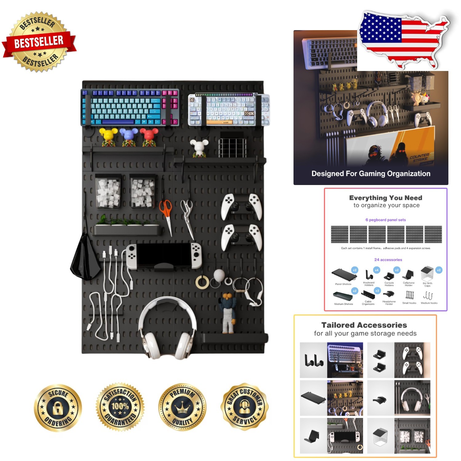 Pegboard Wall Organizer Black 33"x22" for Gaming Accessories