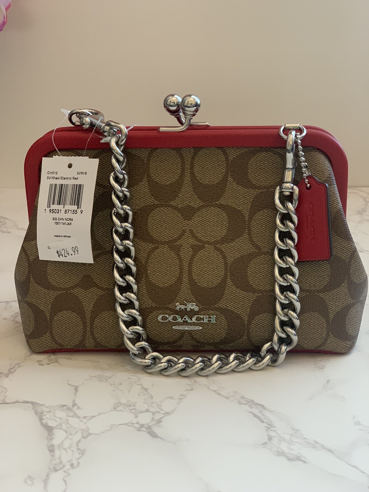 NWT Coach CH512 Nora Kisslock Crossbody Signature Canvas/Leather - Electric Red