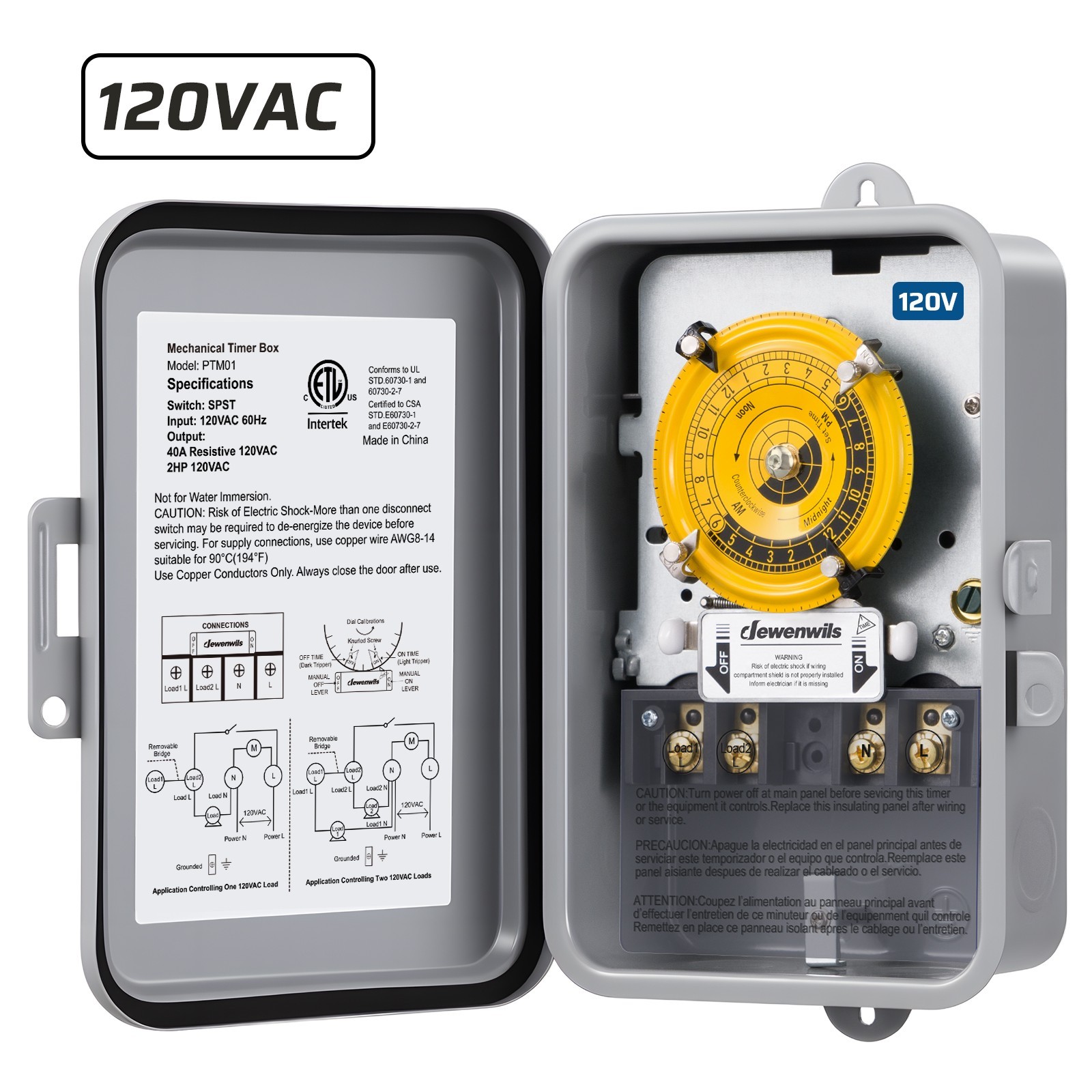 Heavy Duty Pool Timer, 2HP 40A 120V, 24 Hour Programmable ON/Off Switch, Outdoor