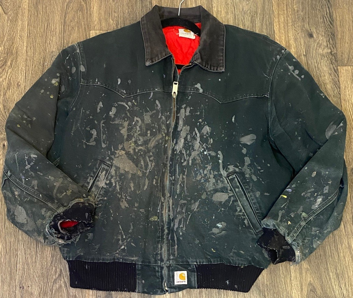 Mens Carhartt Detroit J18 BLK Thrashed Gray Paint Red Lining VTG Jacket Sz XL
