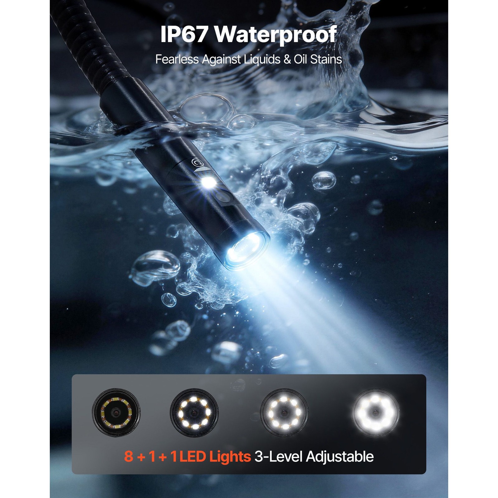 Dual-Cable Borescope: 7\" IPS, Triple Camera, 8X Zoom, IP67, 5hr Battery