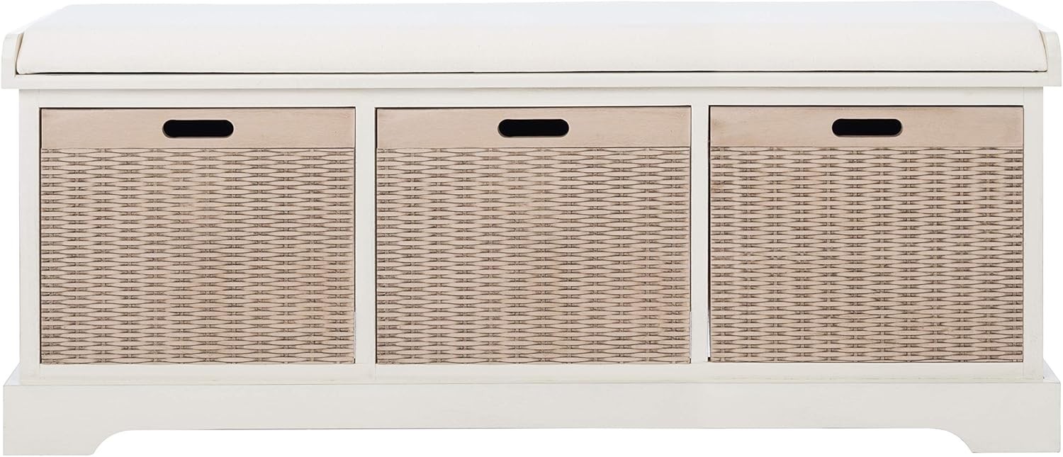 Home Collection Landers Distressed White 3-Drawer/Cushion Storage Bench Fully