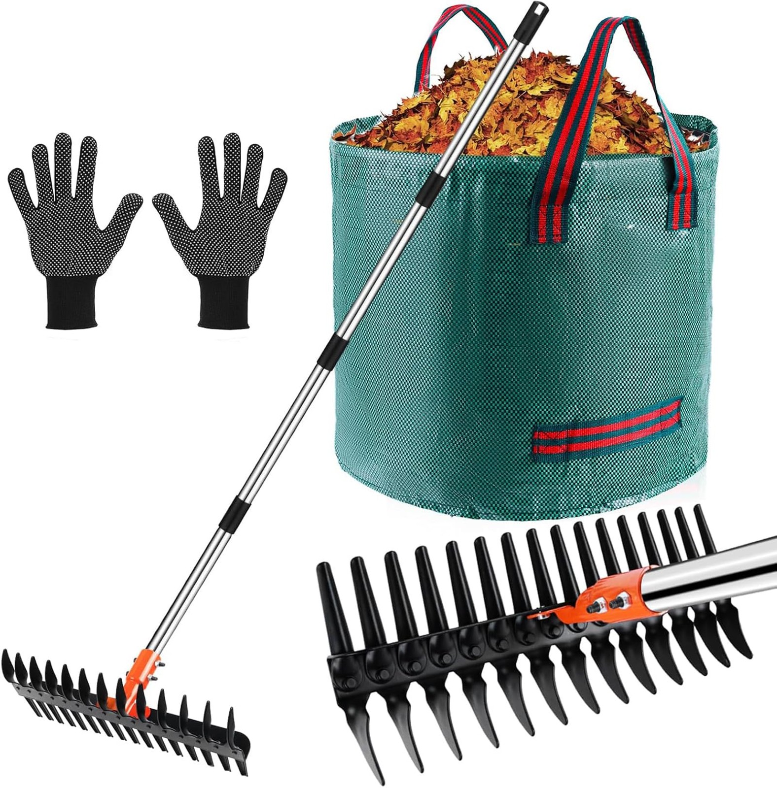 2-in-1 Thatch Rake for Lawns - Heavy Duty Dethatcher with Waste Bag & Gloves